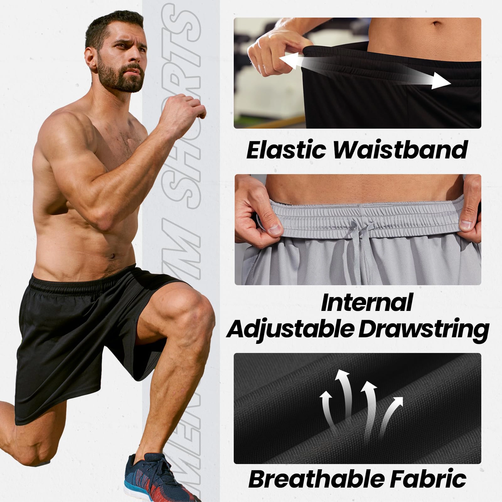 PIGFDK Quick Dry Men's Athletic Workout Shorts With Pockets Drawstring Waist