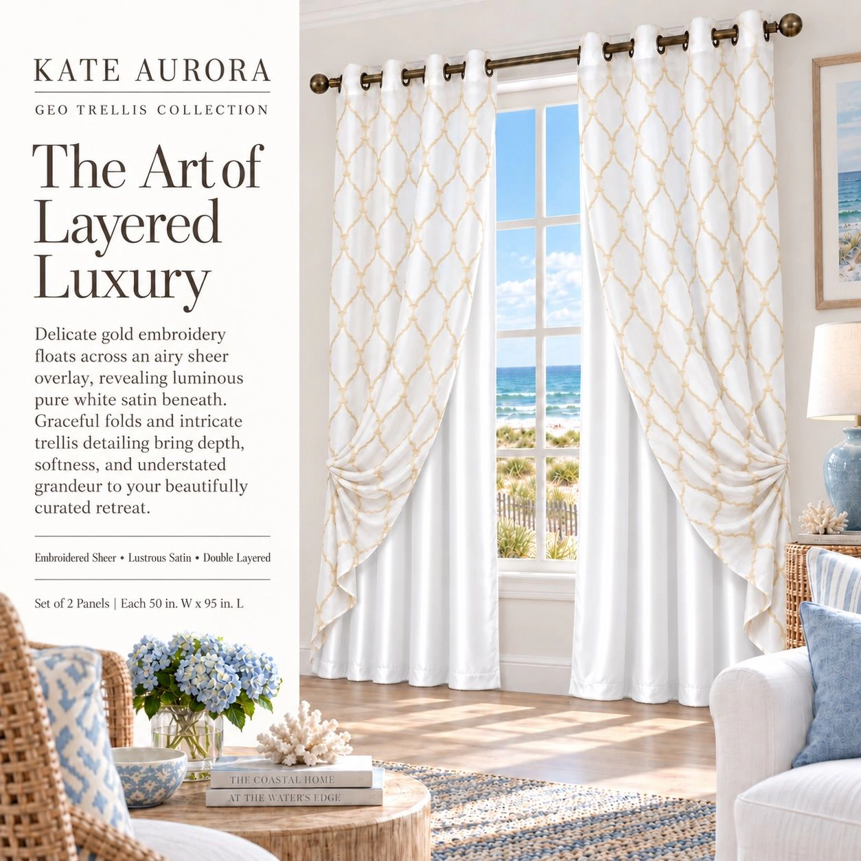 Kate Aurora 2 Pack Geo Trellis Double Layered Sheer Embroidered Grommet Curtains