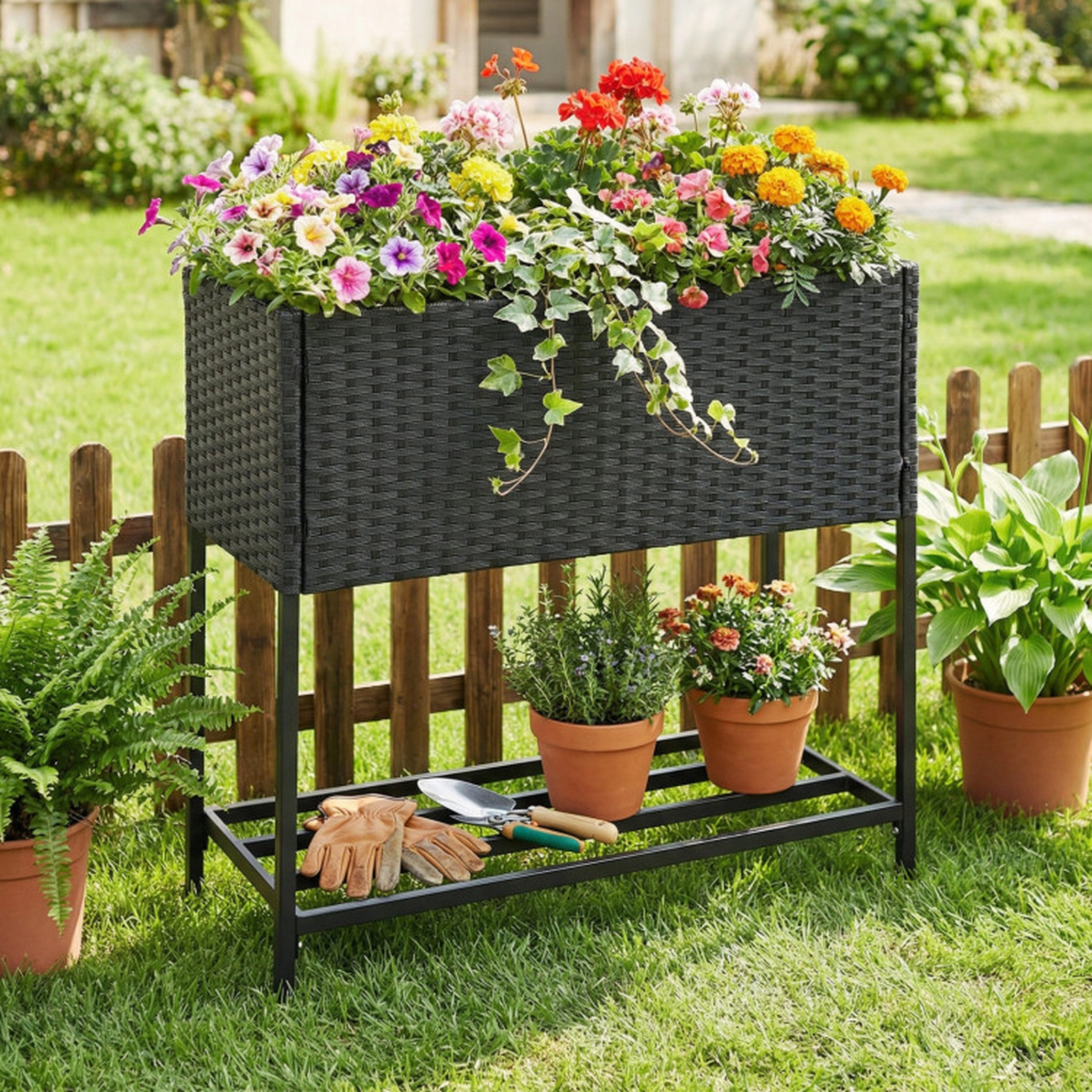 SUGIFT Elevated Garden Planter with Bottom Shelf 132-lb Planter Capacity 66-lb Shelf Capacity 28-in Tall Black/Brown