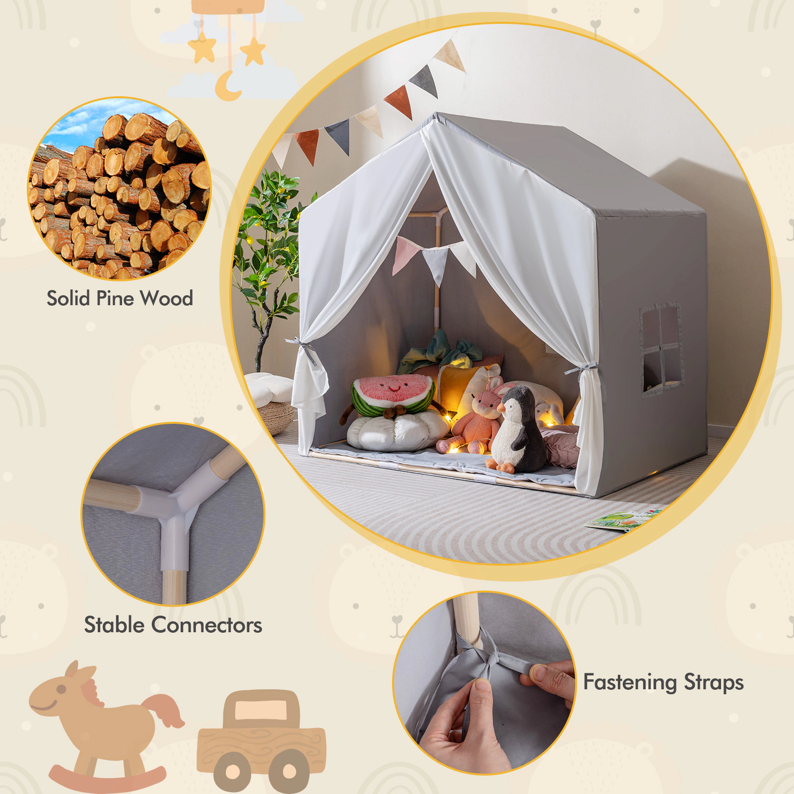 SUGIFT Washable Cotton Mat and Flag Banner Pine Wood Kids Play Tent