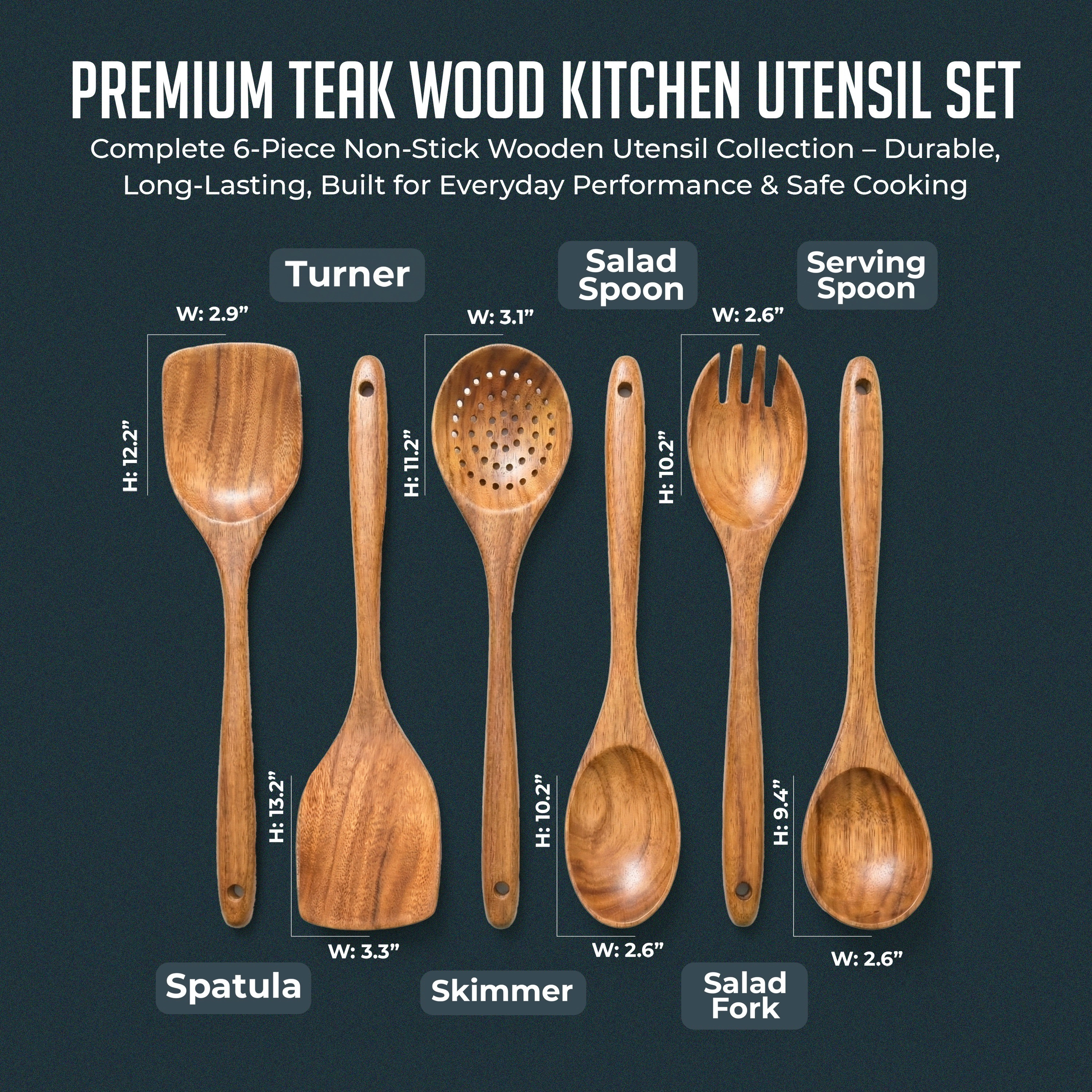 Luminuxe Premium Natural Teak Wood Kitchen Utensil Set, 6pc Wooden Cooking Utensils Set, Non-Stick Hand Wash