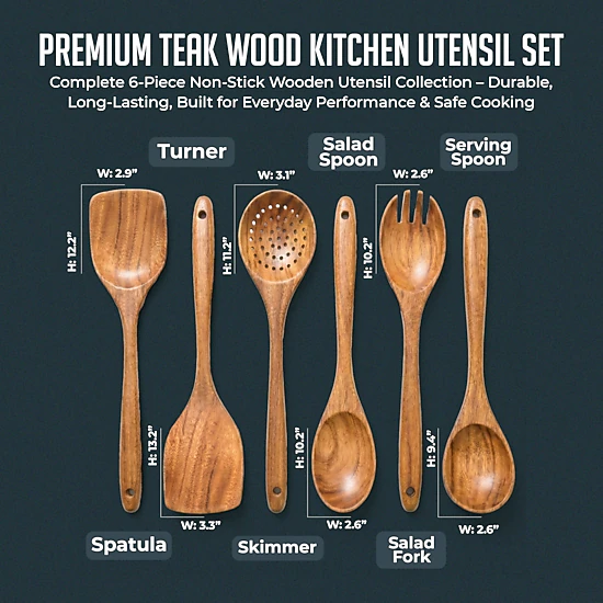 Luminuxe Premium Natural Teak Wood Kitchen Utensil Set, 6pc Wooden Cooking Utensils Set, Non-Stick Hand Wash