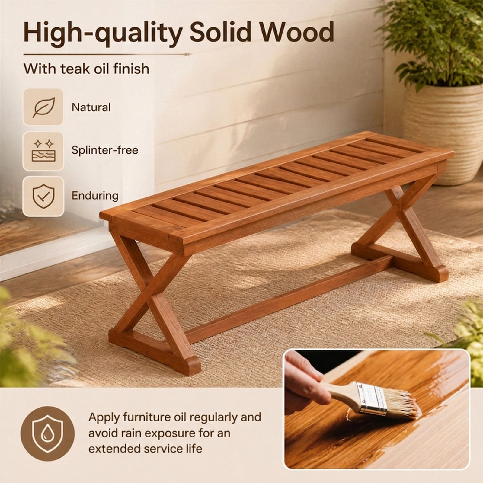 SUGIFT 44-in 2-Person Solid Hardwood Outdoor Bench with Slatted Seat 440-lb Capacity Teak Finish 2-Piece