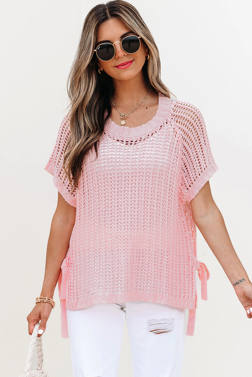 Threaded Pear Women's Lettie Hollow-out Crochet Side Tied Short Sleeve Sweater