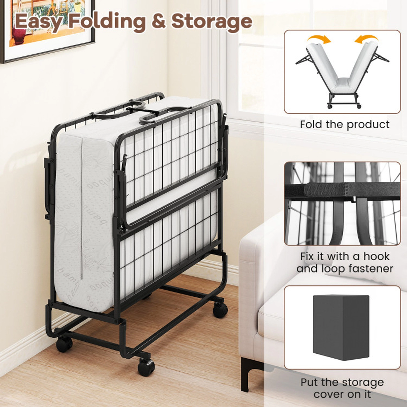 SUGIFT Twin Size Folding Portable Bed with 5-in Mattress 480-lb Capacity White Mattress Black Frame 75-in Long