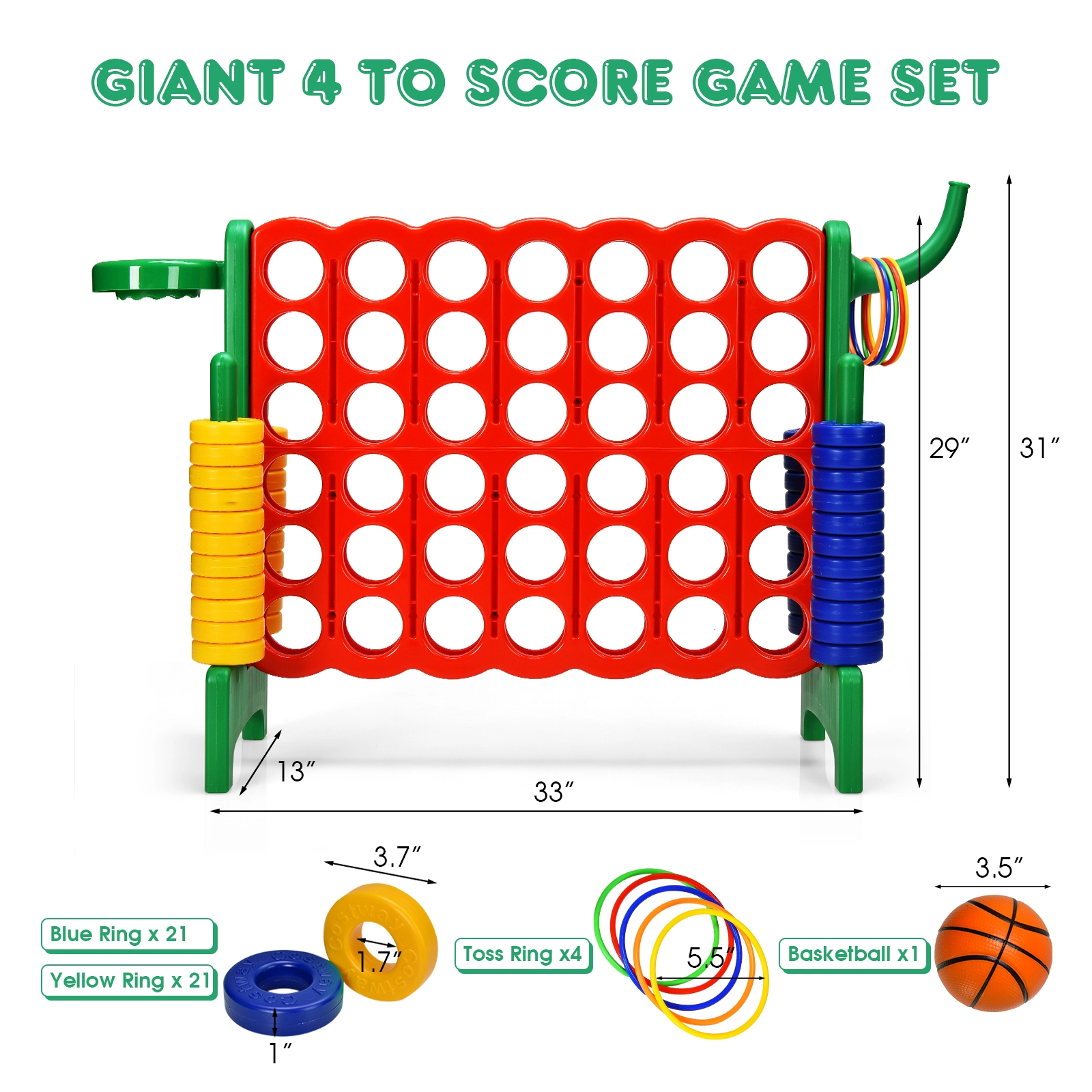 SUGIFT Green 3-in-1 2.5-ft Tall 4-to-Score Game Set with Ring Toss and Basketball Hoop 33-in W 13-in D 30-in H