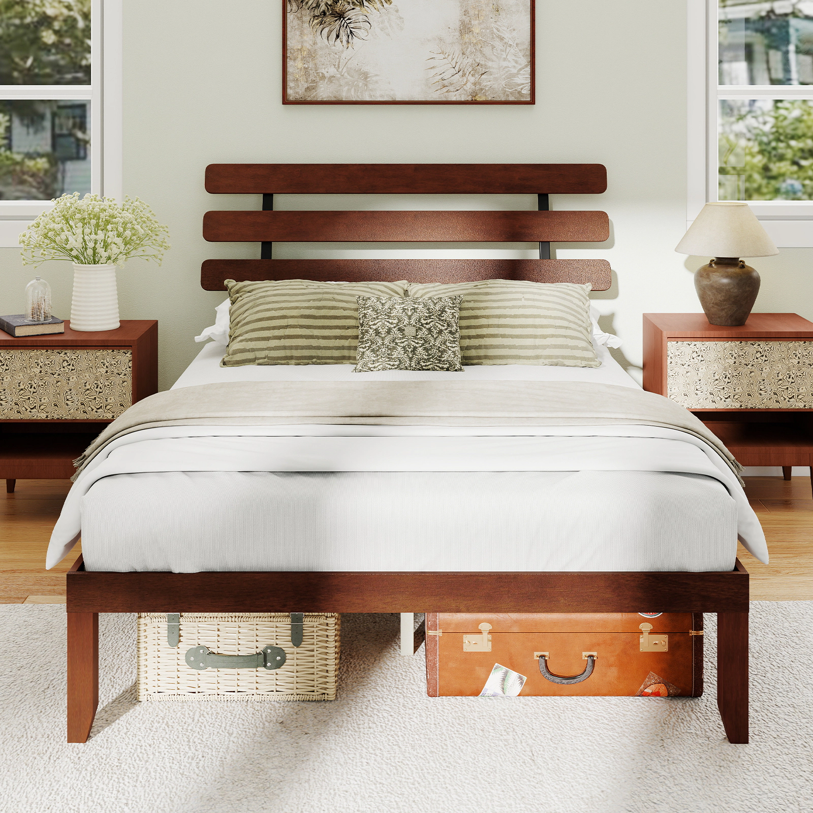 SUGIFT Queen Solid Wood Platform Bed Frame with Retro High Headboard 800-lb Capacity Walnut