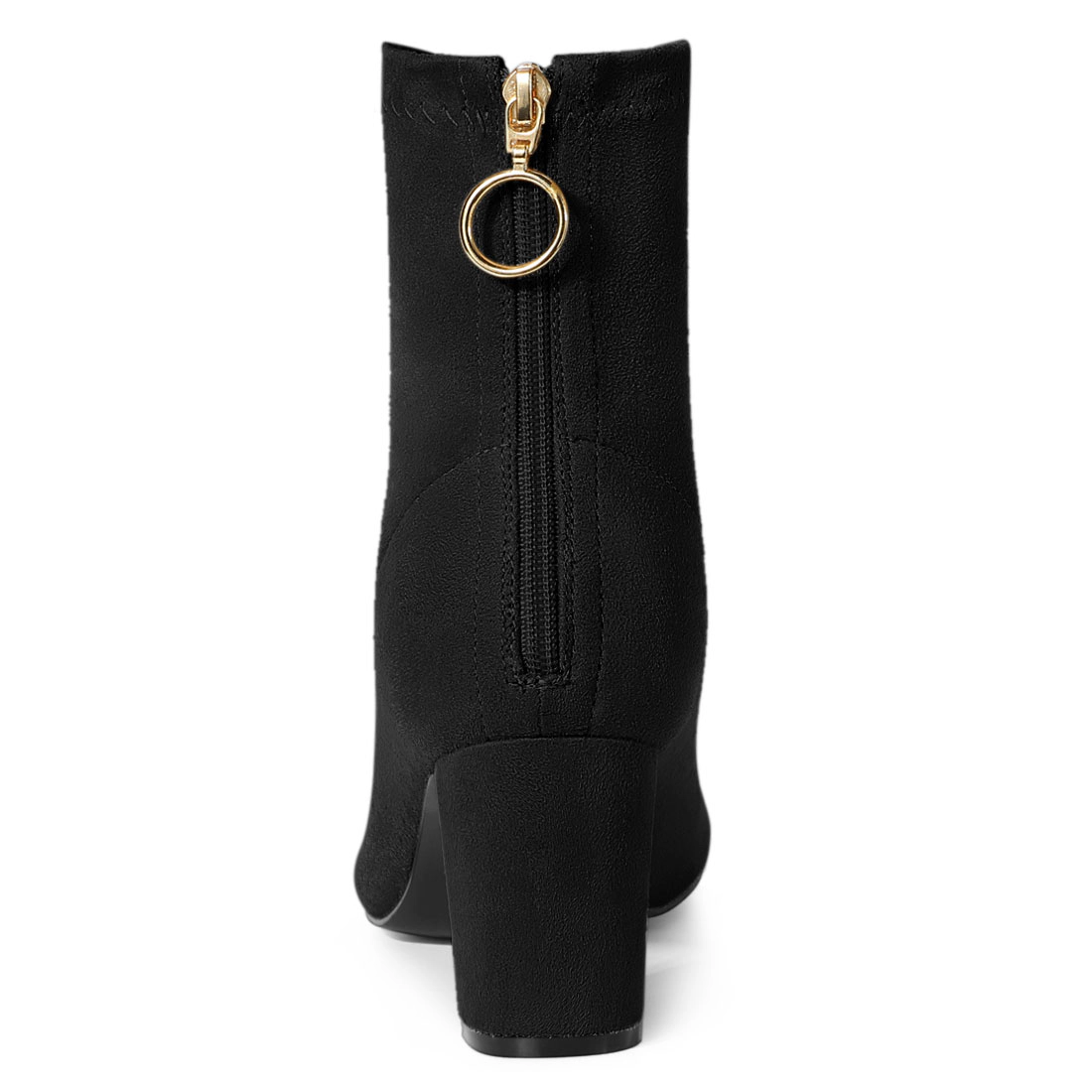 BLISSFUL STEP Women Faux Suede Pointed Toe Zipper Chunky Heels Ankle Boots