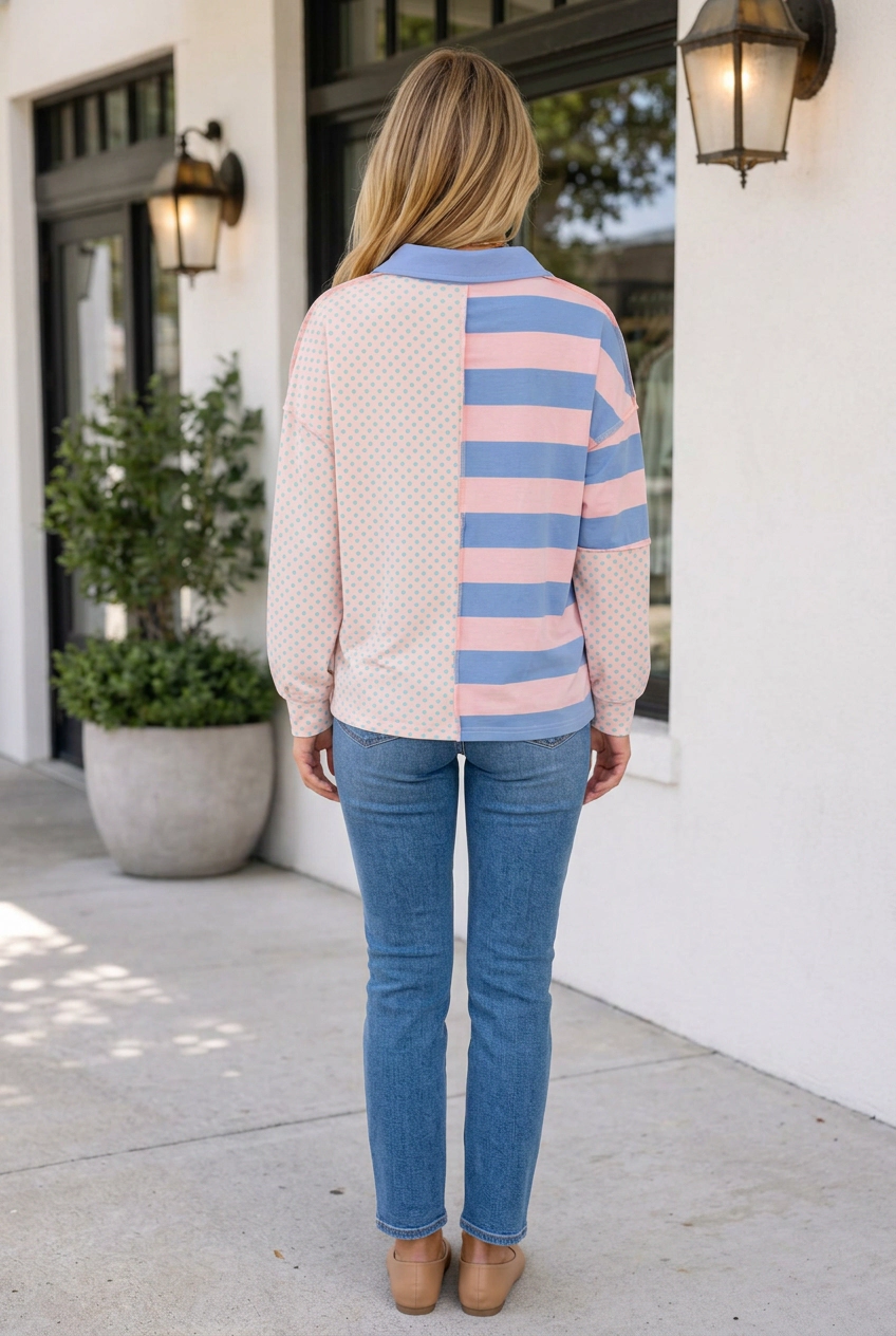 Threaded Pear Women's Angela Patchwork Polo Collar Long Sleeve Top