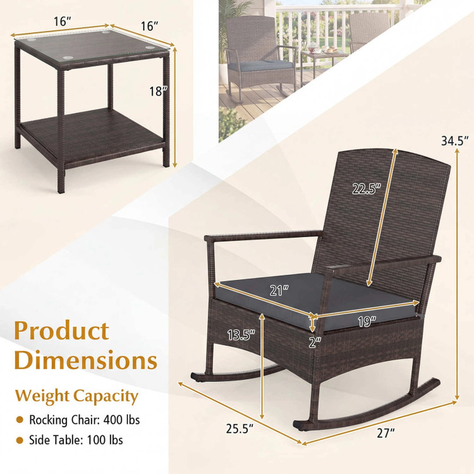 SUGIFT 3-Piece Gray Patio Wicker Rocking Chair Set with 2-Tier Side Table 13.5-in Seat H 400-lb Chair Capacity