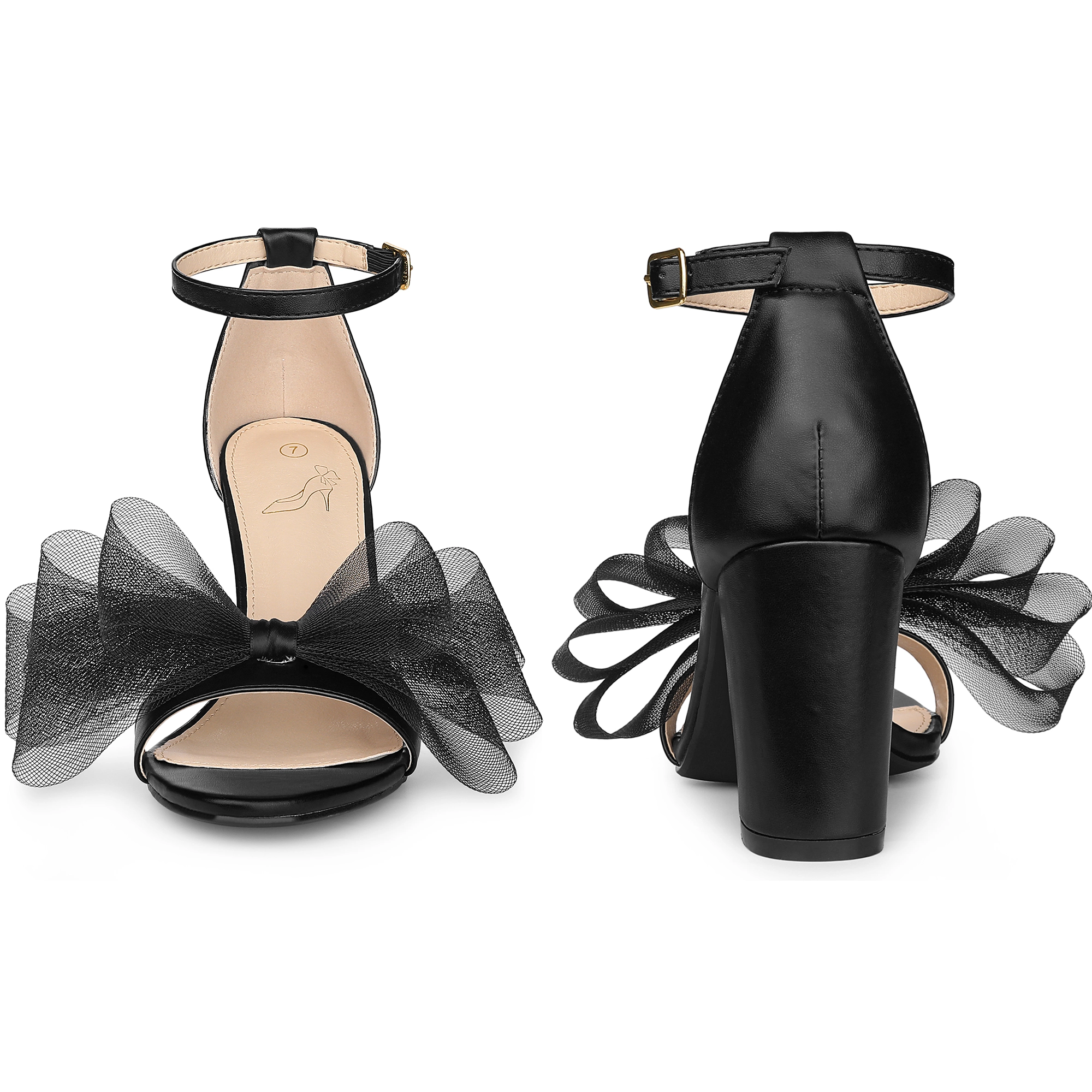BLISSFUL STEP Women Faux Leather Bow Tie Ankle Strap Chunky High Heels Sandals
