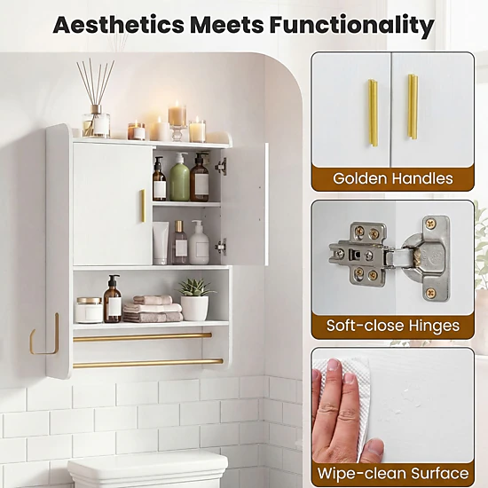 SlickBlue Bathroom Wall Cabinet with Adjustable Shelf and Towel Bars