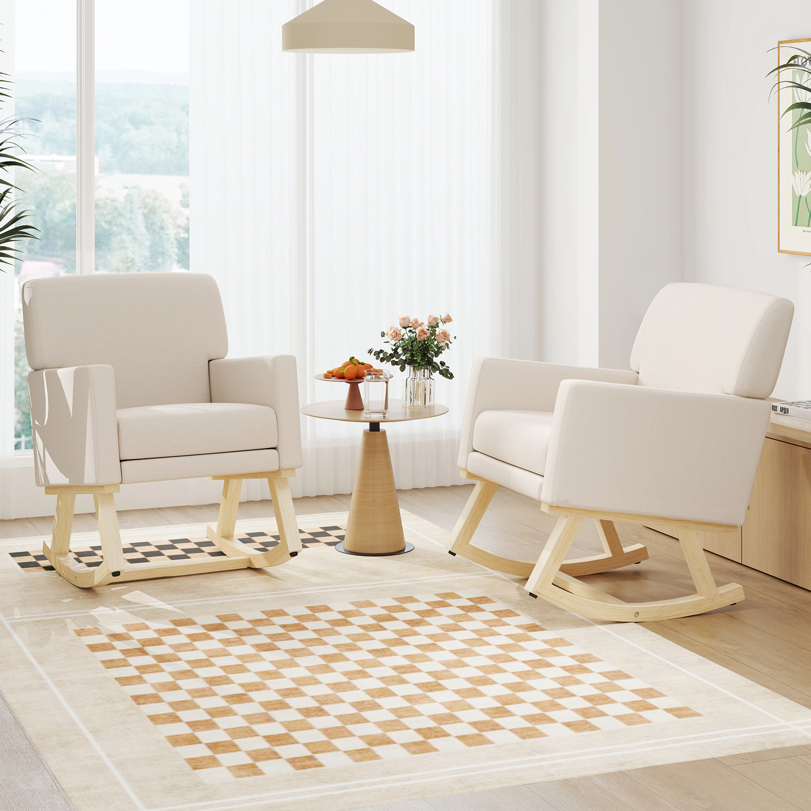 LJG Upholstered Rocking Chair with Fabric Padded Seat and Solid Wood Base