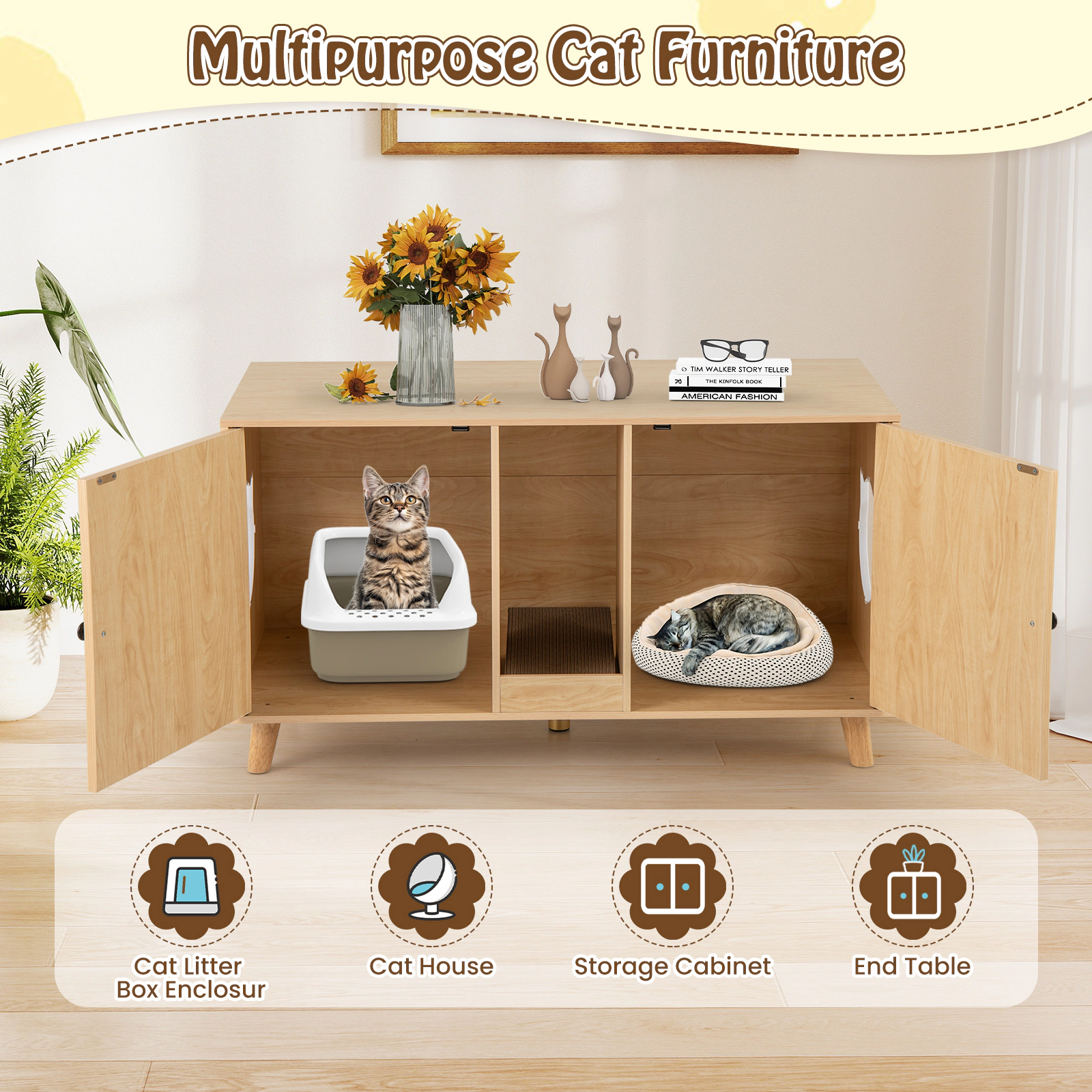 SUGIFT Natural Double Room Cat Litter Box Enclosure with 2 Sisal Scratching Mats 43-in W 20-in D 24-in H