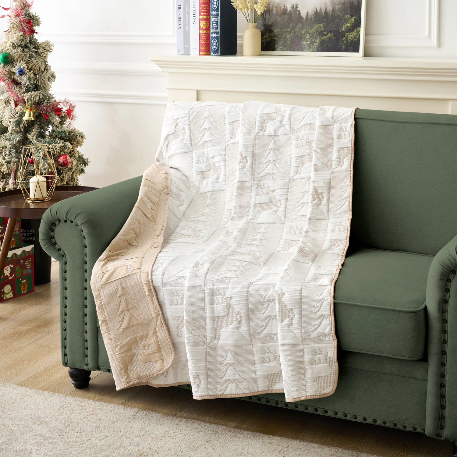 Greenland Home Fashion Reindeer Games Accessory 100% Woven Polyester Jacquard Throw White