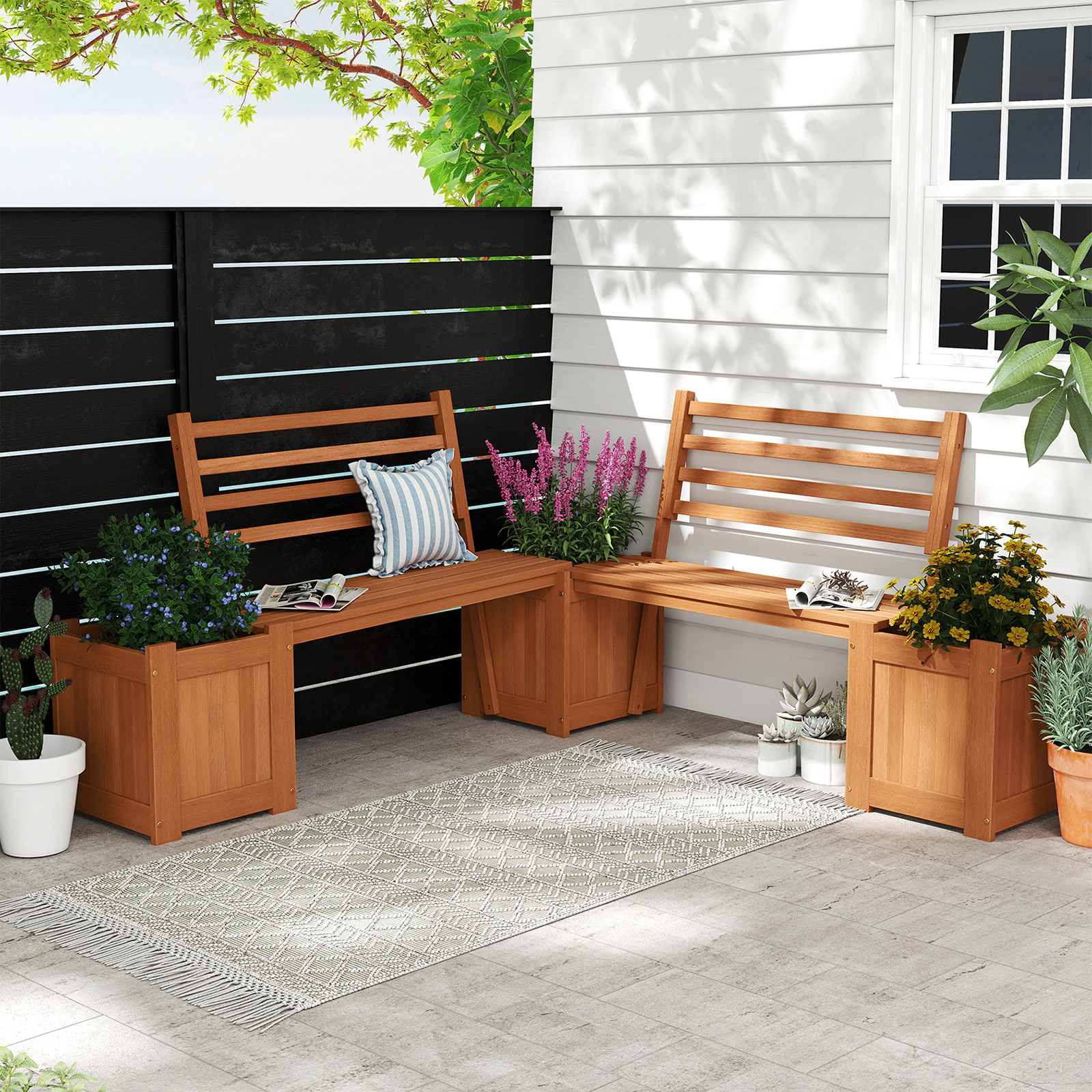 LJG Wood Planter Box with Bench and Backrest for Garden Yard Balcony