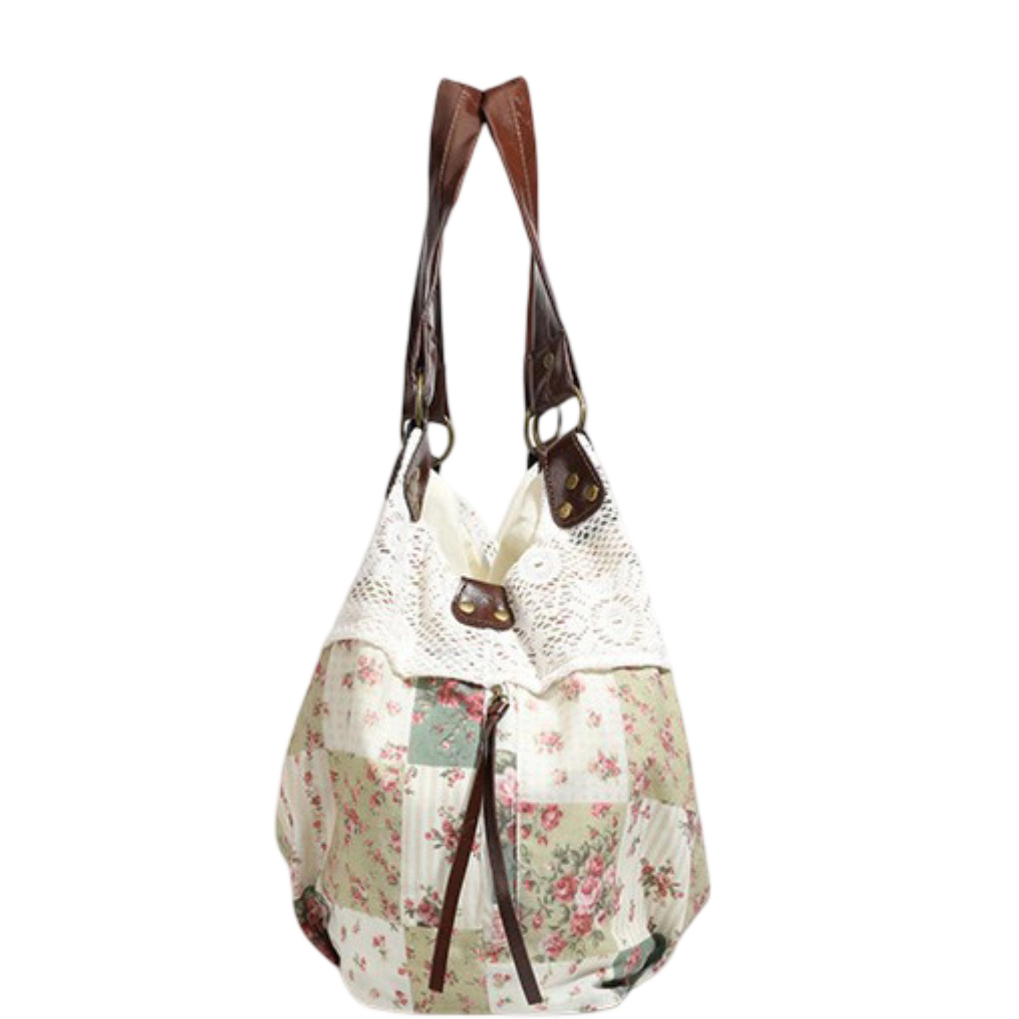 Alilang Women's Patchwork Shoulder Bag with Crochet Lace Detail and Faux Leather Straps