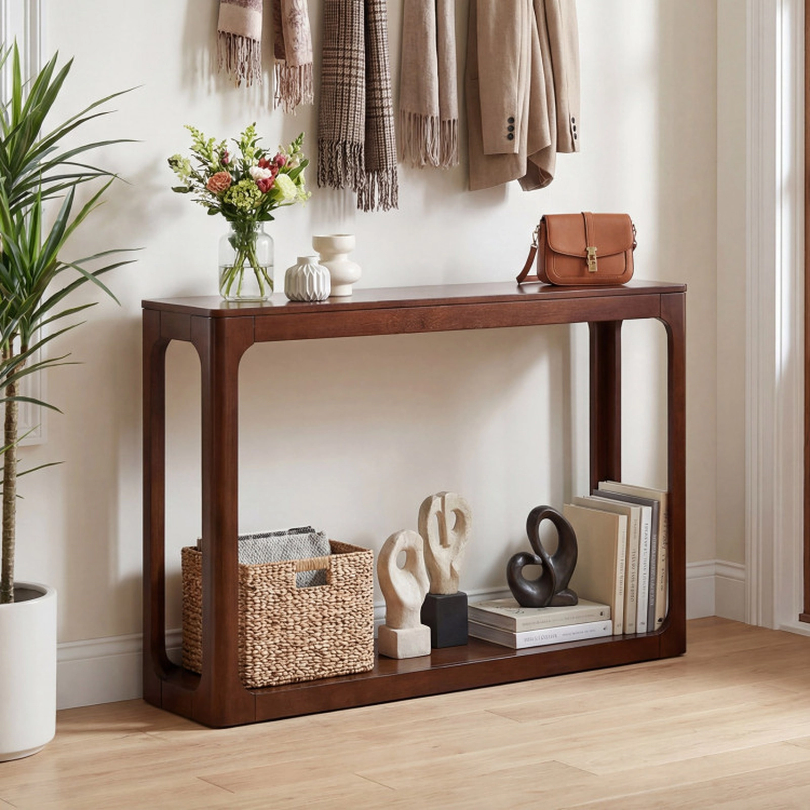 SUGIFT 2-Tier Mid Century Rubber Wood Console Table with Storage Shelf 165-lb Capacity 32.5-in Tall Antique Brown
