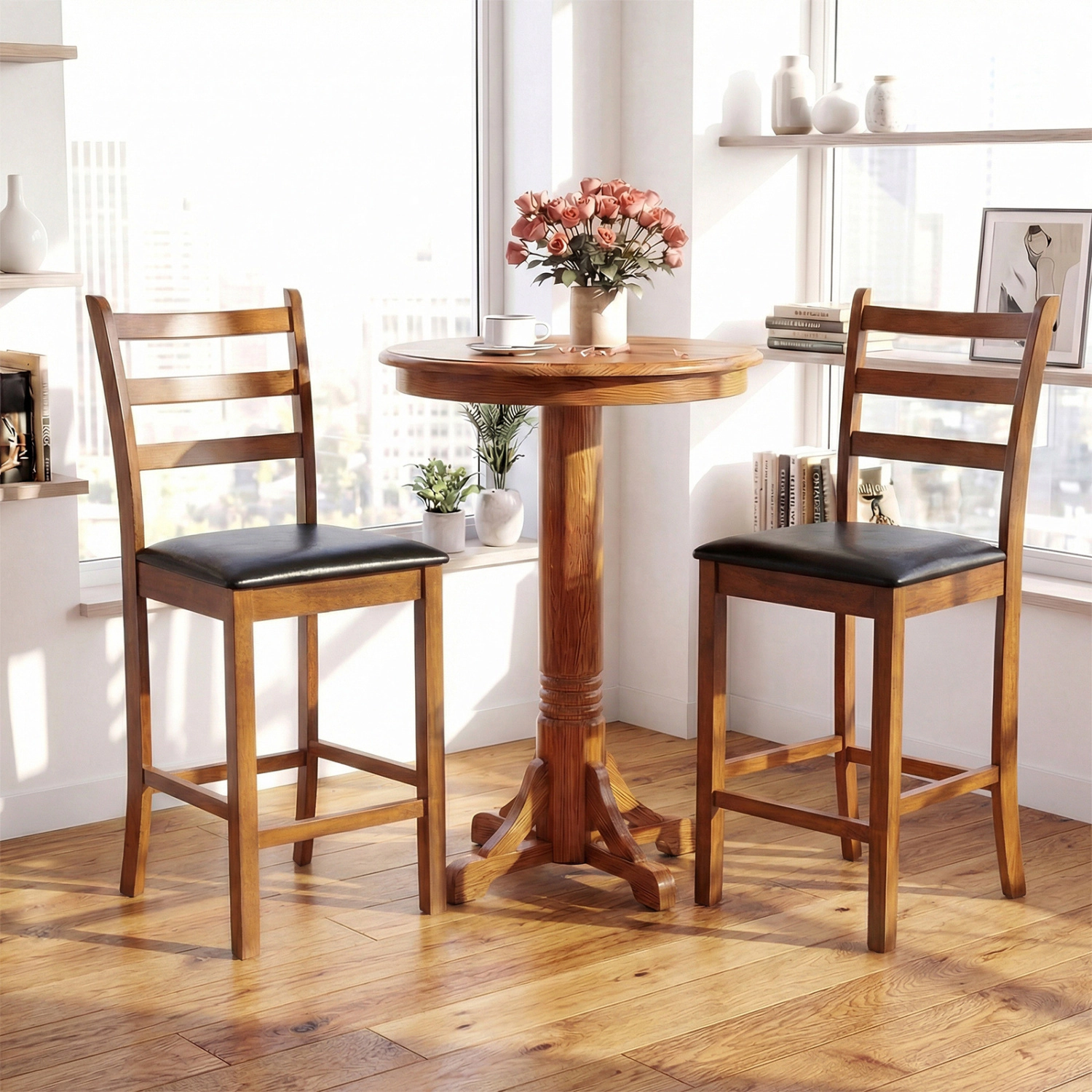 LJG Rubber Wood Ladder Back Bar Stools Set of 2 24inch Counter Height Kitchen Island High Chairs