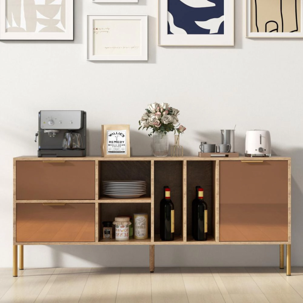 Hivvago Mirrored Buffet Cabinet With 2 Drawers And 1 Door For Living Room-Natural