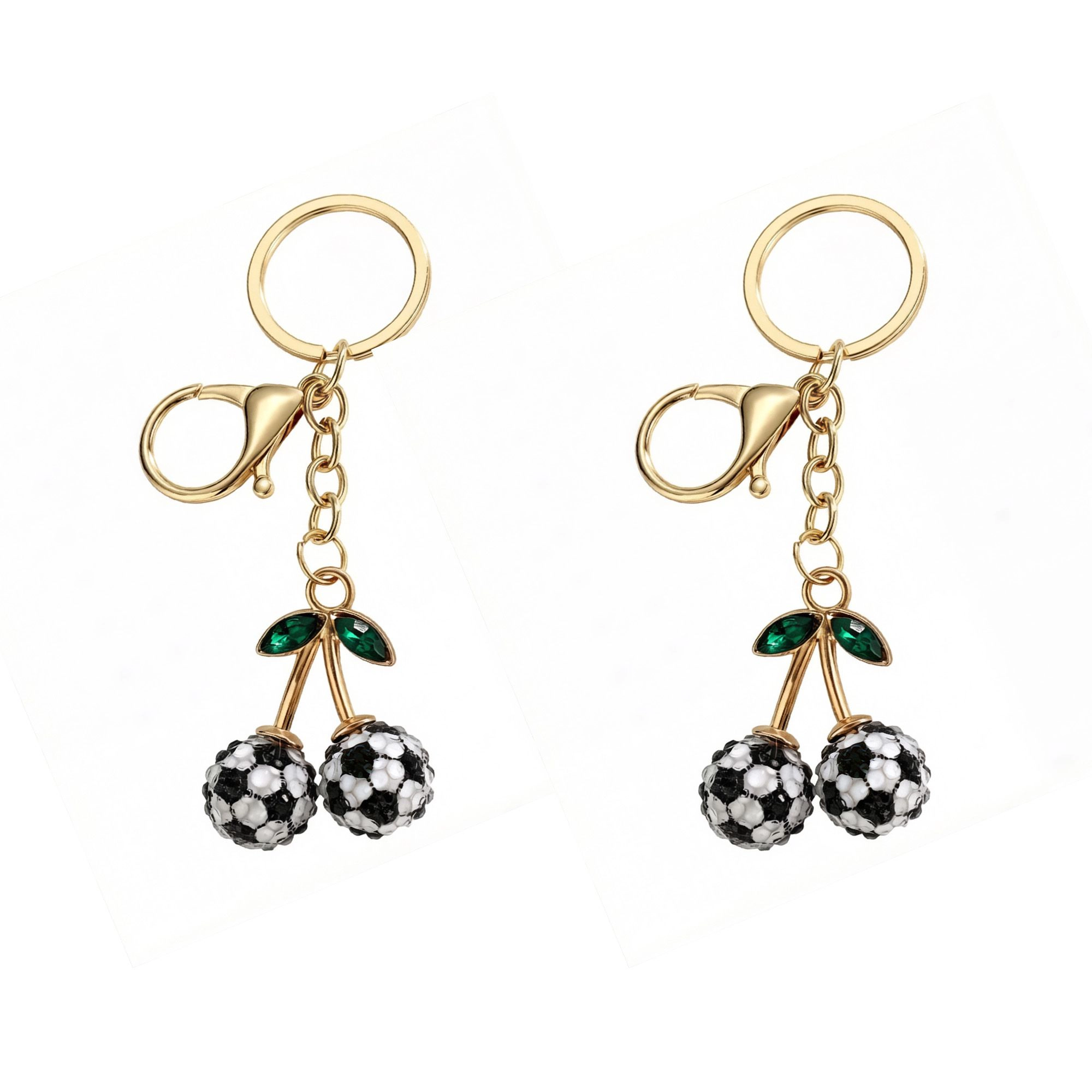 Alilang Women's 2 Pack Sports Ball Cherry Keychains with Gold Tone Clip and Leaf Charm, Black