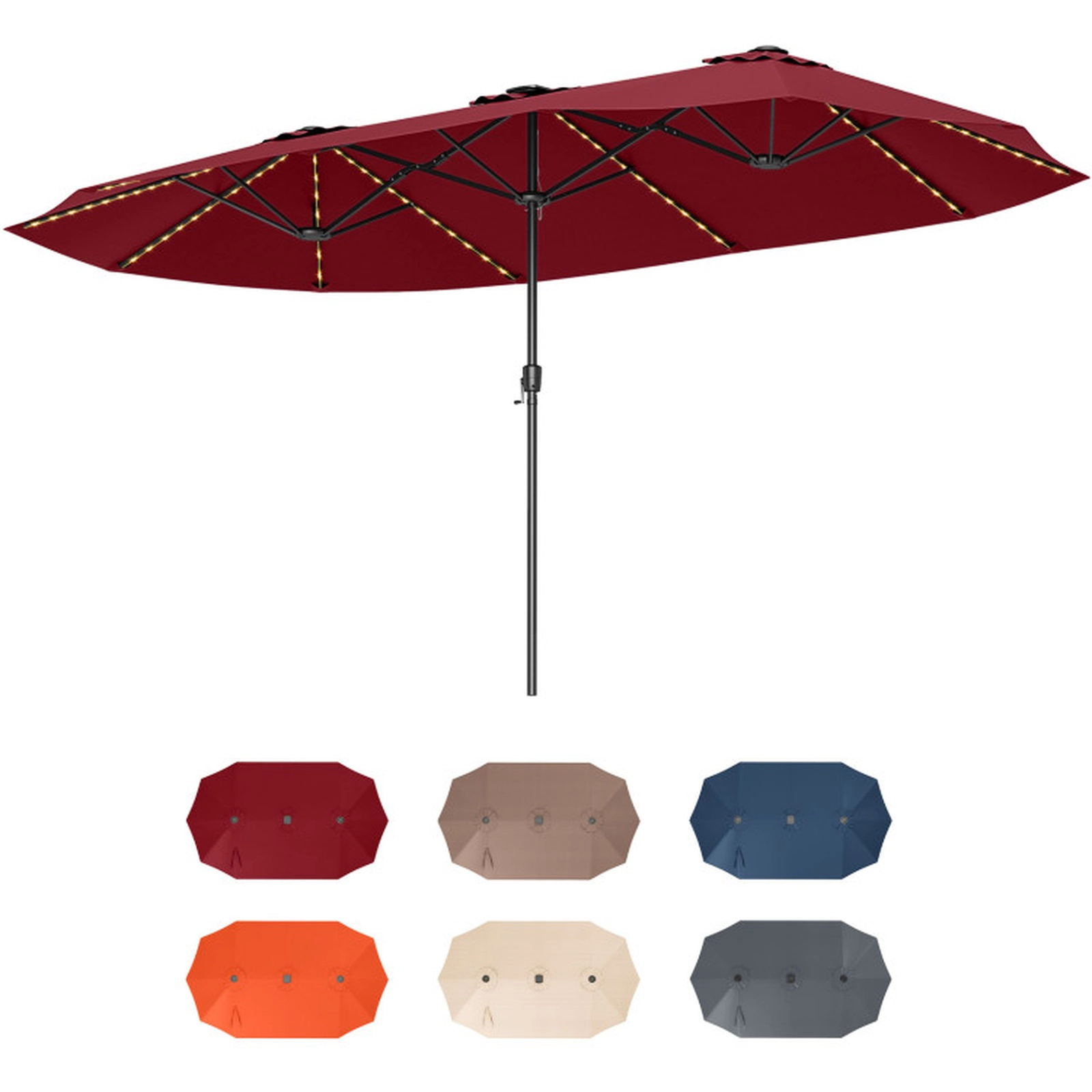 SUGIFT 15.5-ft Extra-Large Double-Sided Patio Umbrella with LED Solar Lights Crank Handle 30-lb Net Weight 1-Pc Red