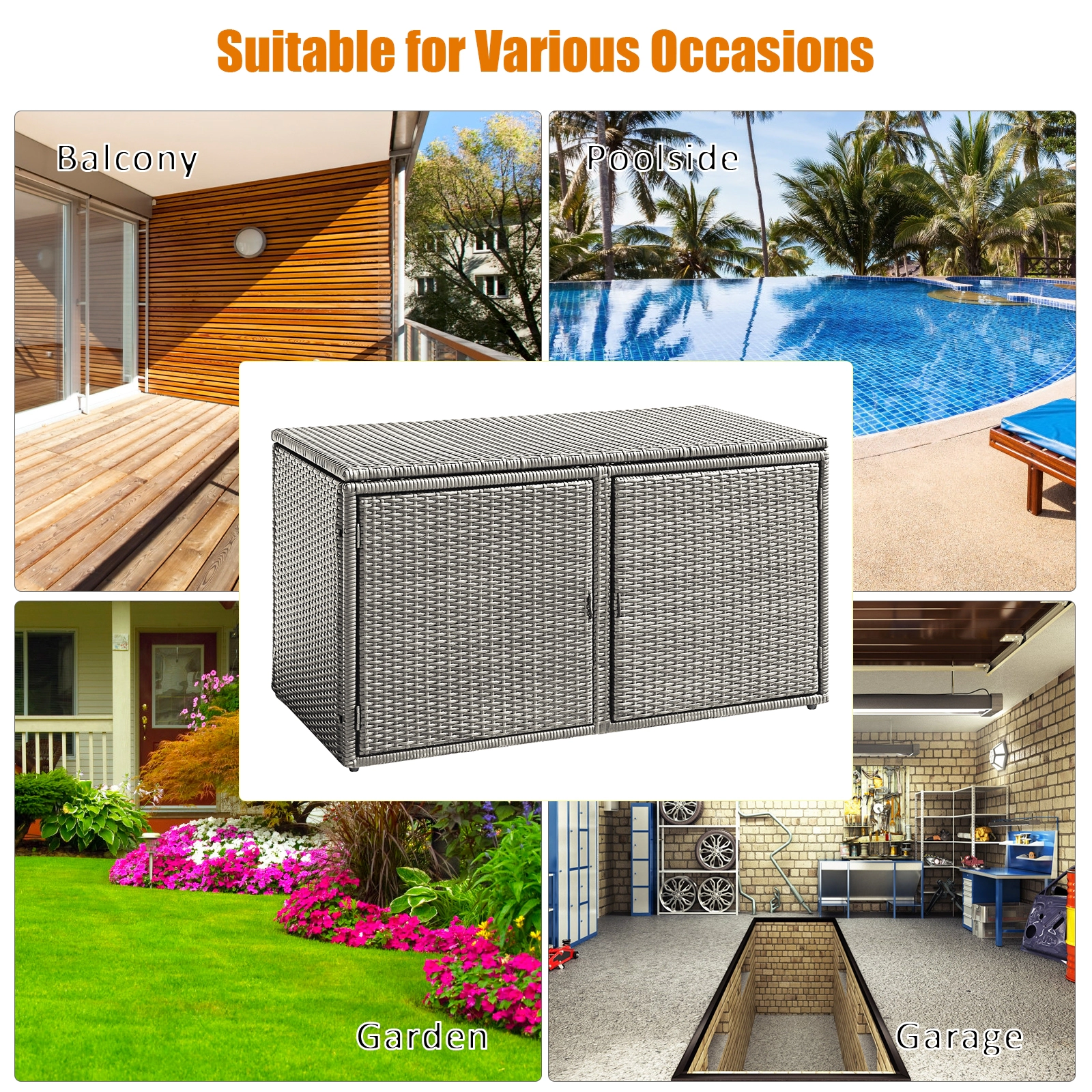 SUGIFT 88-Gallon Weather-Resistant PE Rattan 2-Shelf Garden Storage Box 45-in x 23.5-in x 25.5-in 110-lb Shelf Gray