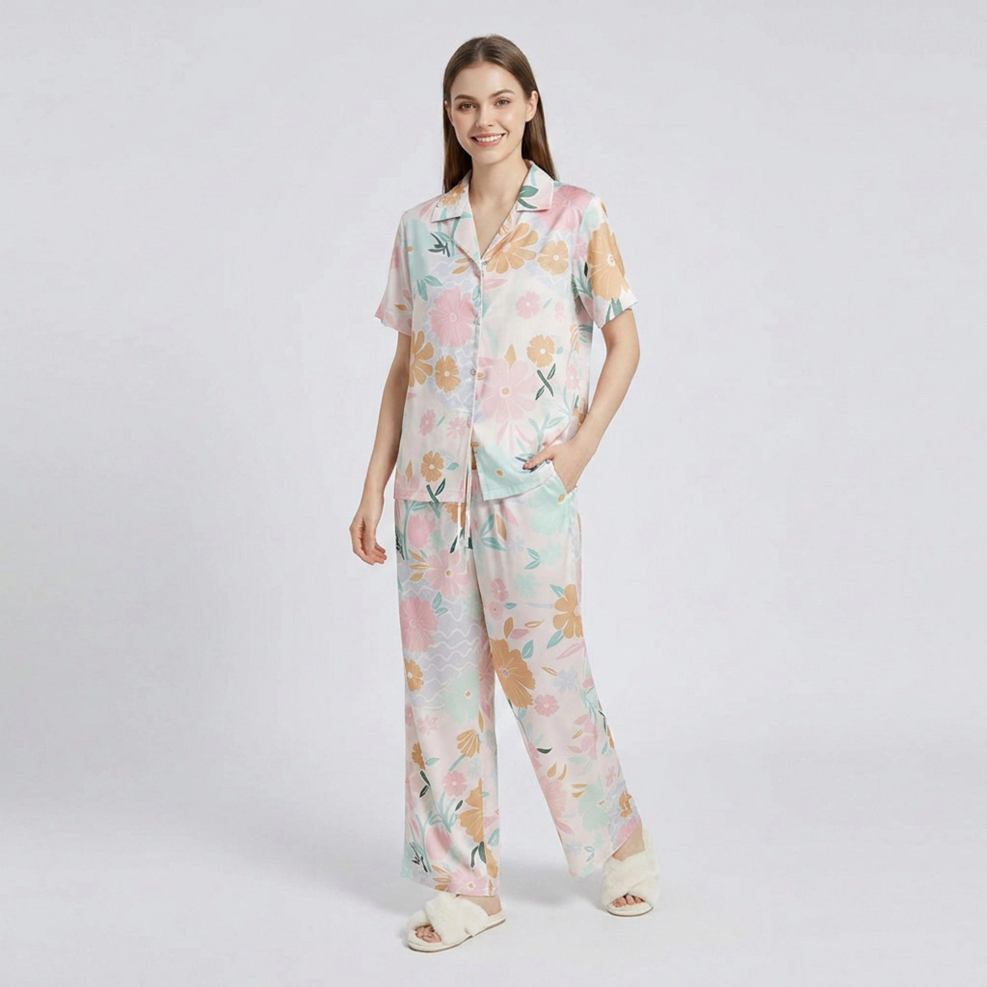 Anna-Kaci Women's 2-Piece Soft Floral Pajama Set with Short Sleeve Button Top and Wide Leg Pants