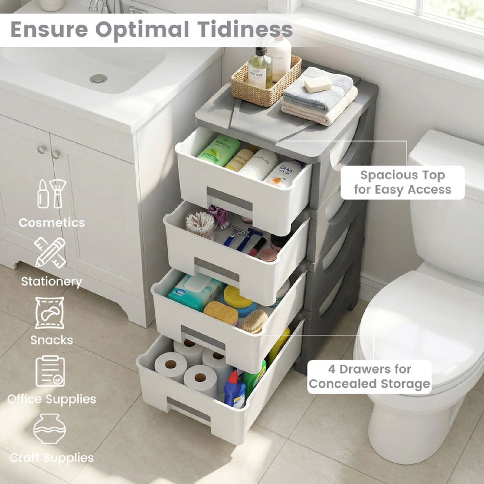 SUGIFT Gray Tabletop for Bedroom 4-Drawer Plastic Storage Organizer Cabinet