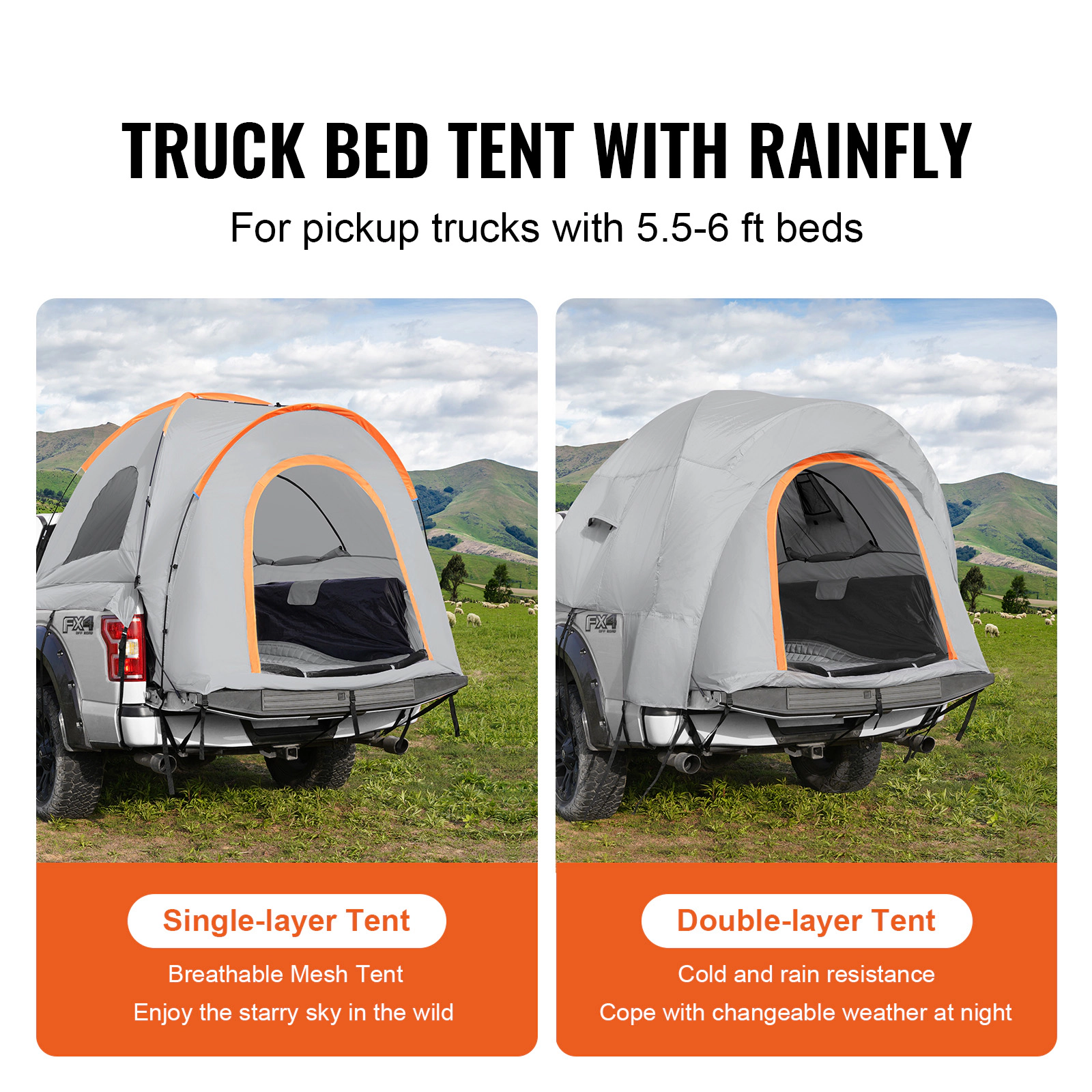 HONGGE Truck Bed Tent for 5.5-6 ft Pickup Beds, Waterproof PU2000 Double-Layer Camping Tent for 2-3 Person, with Rainfly