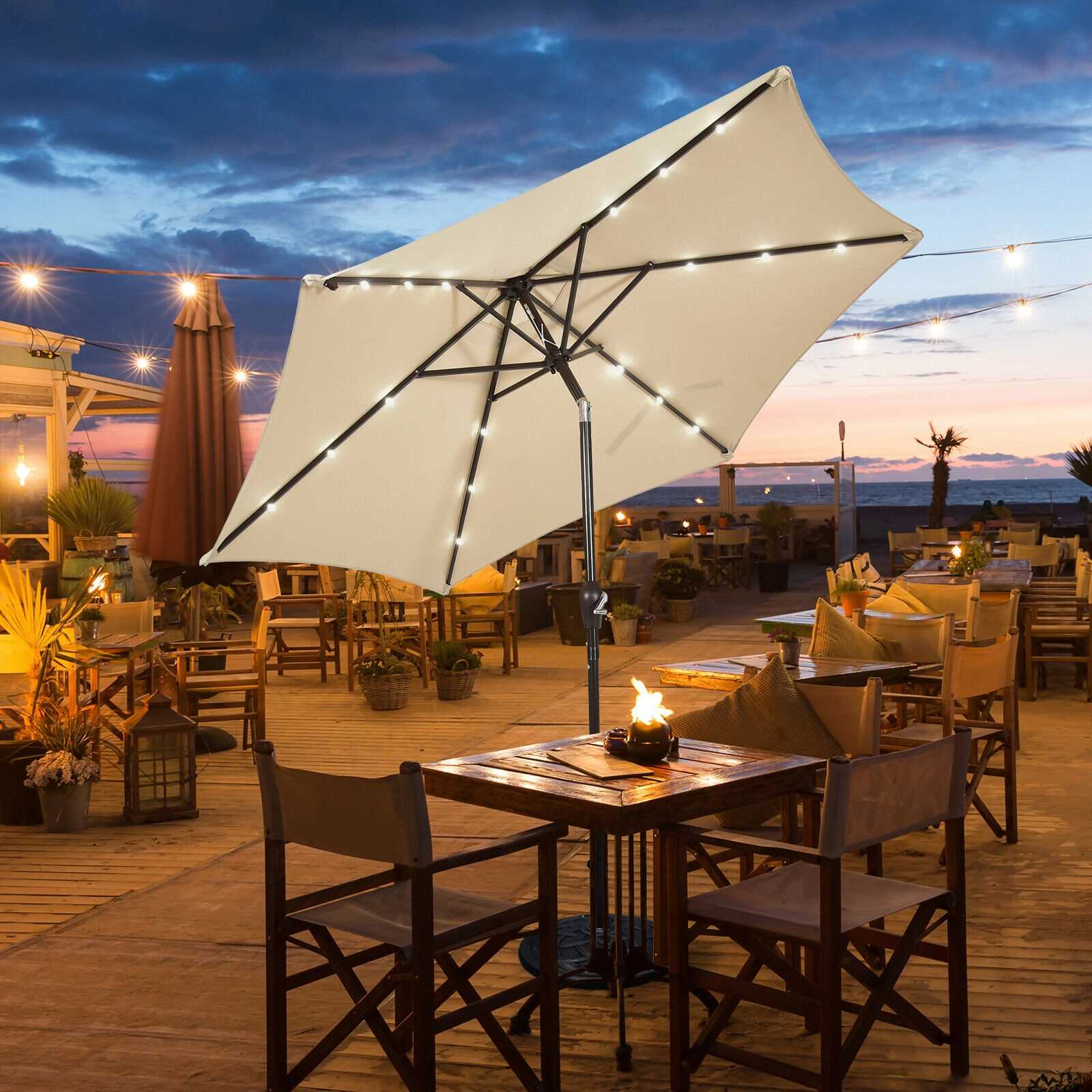 SUGIFT 9-ft Tan Solar LED Market Patio Umbrella with Crank Lift and Push-Button Tilt