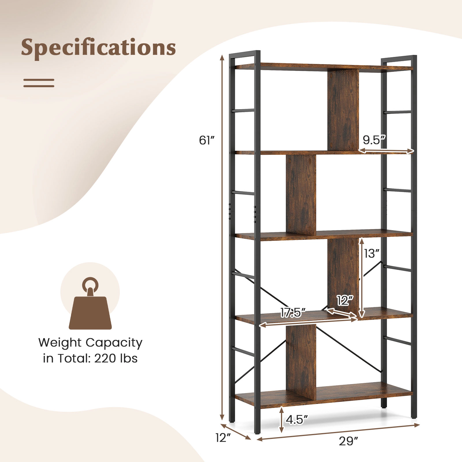 SUGIFT 5-Tier 220-lb Capacity 61-in Tall Industrial Bookshelf with Metal Frame and Side Rods for Study