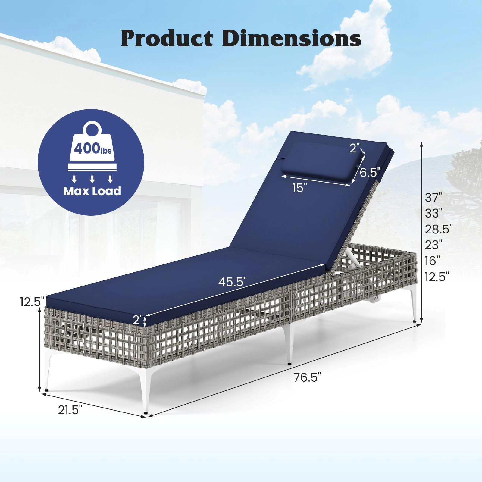 SlickBlue Adjustable Poolside Lounge Chair with Headrest Cushion