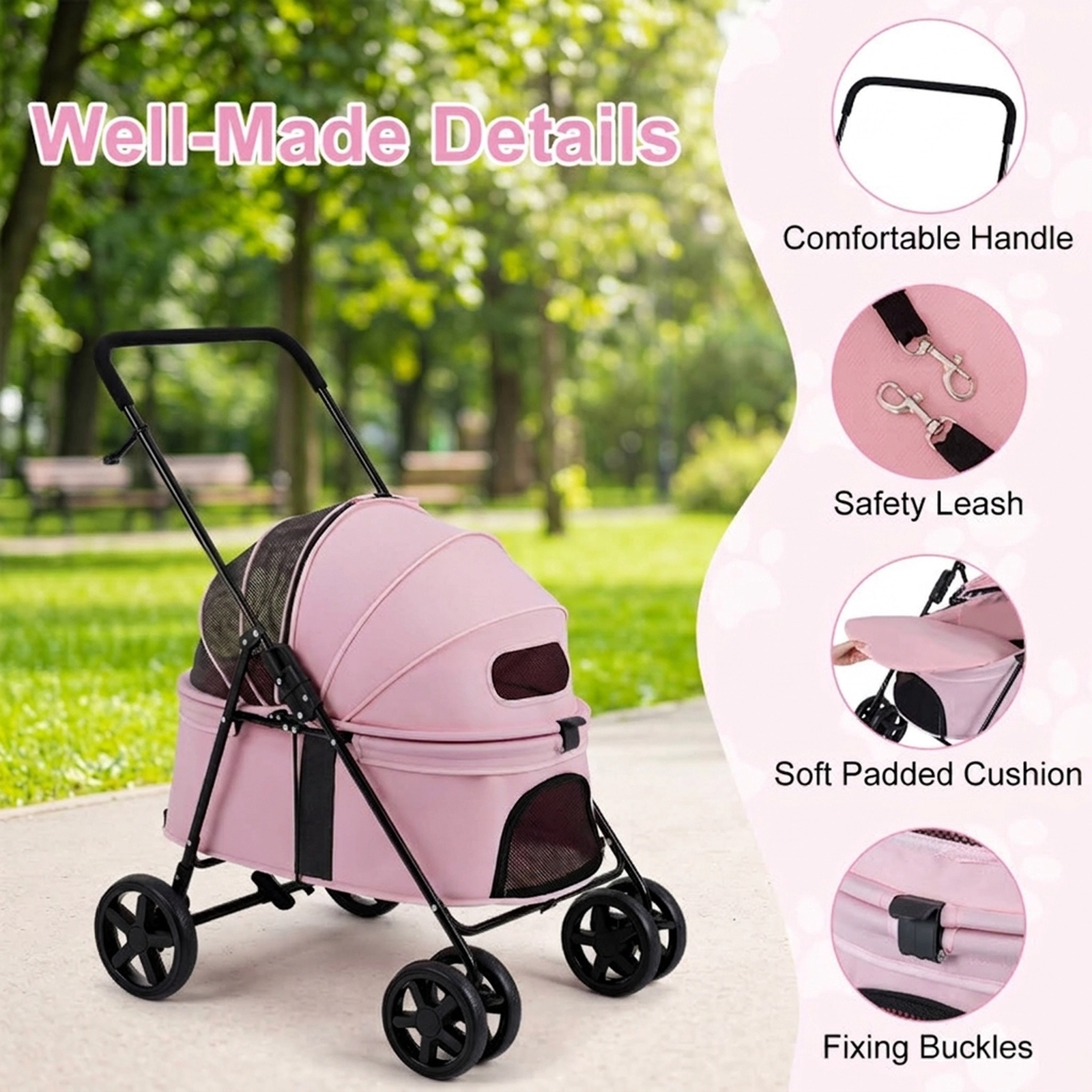 SUGIFT 31.5 x 39.5-in 33-lb Capacity Pink Foldable Pet Cat Dog Stroller with One-Step Rear Brake and Canopy