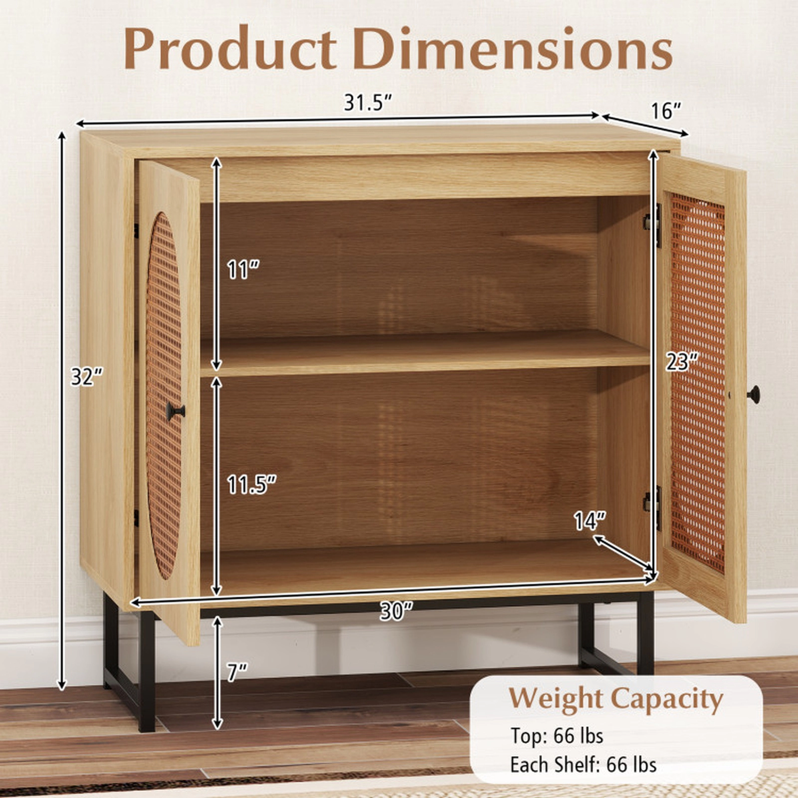 SUGIFT Rattan 2-Door Buffet Sideboard Cabinet with Adjustable Shelf 66-lb Top Capacity 31.5-in Wide Natural/White