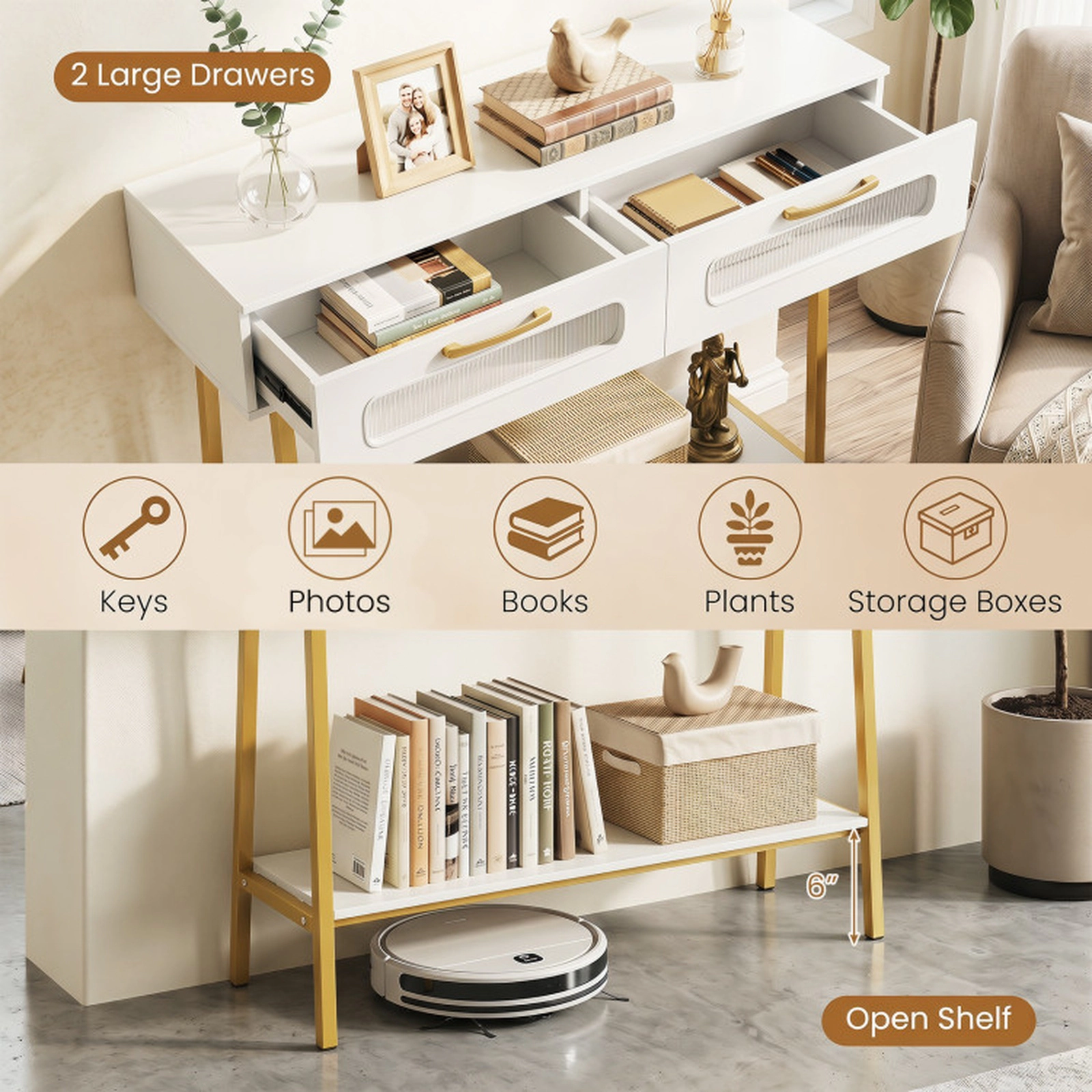 SUGIFT LED Console Table with Remote Control and Open Shelf 100-lb Tabletop Capacity 2-Drawer 36-in Wide White & Gold