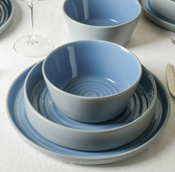 Stone Lain Elica 12-Piece Stoneware Dinnerware Set, Service for 4, Blue and Grey