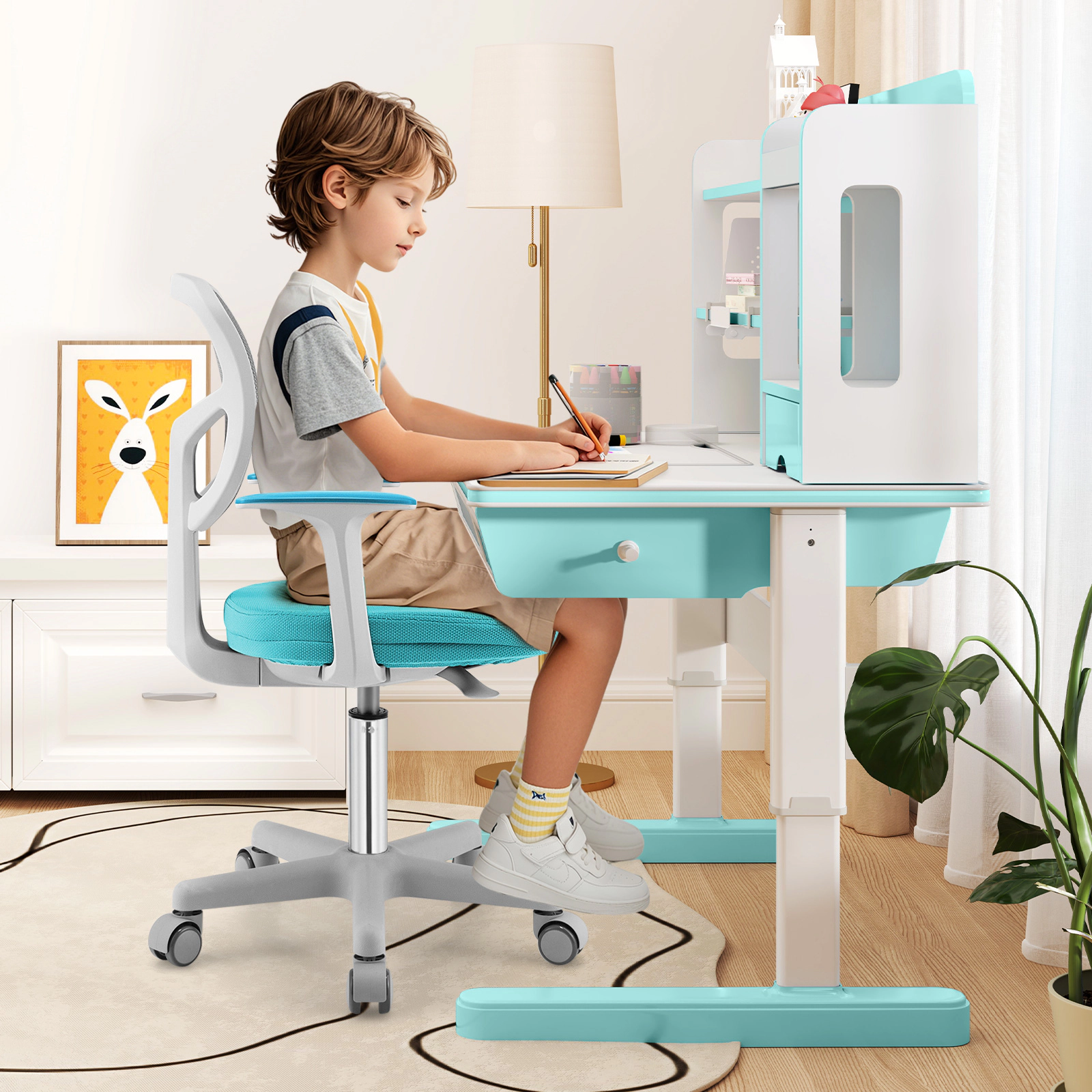 SUGIFT Kids Desk Chair, Adjustable Ergonomic Study Chair with Mesh Back, Auto-Brake Casters, Turquoise
