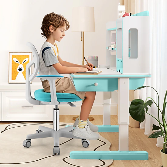 SUGIFT Kids Desk Chair, Adjustable Ergonomic Study Chair with Mesh Back, Auto-Brake Casters, Turquoise
