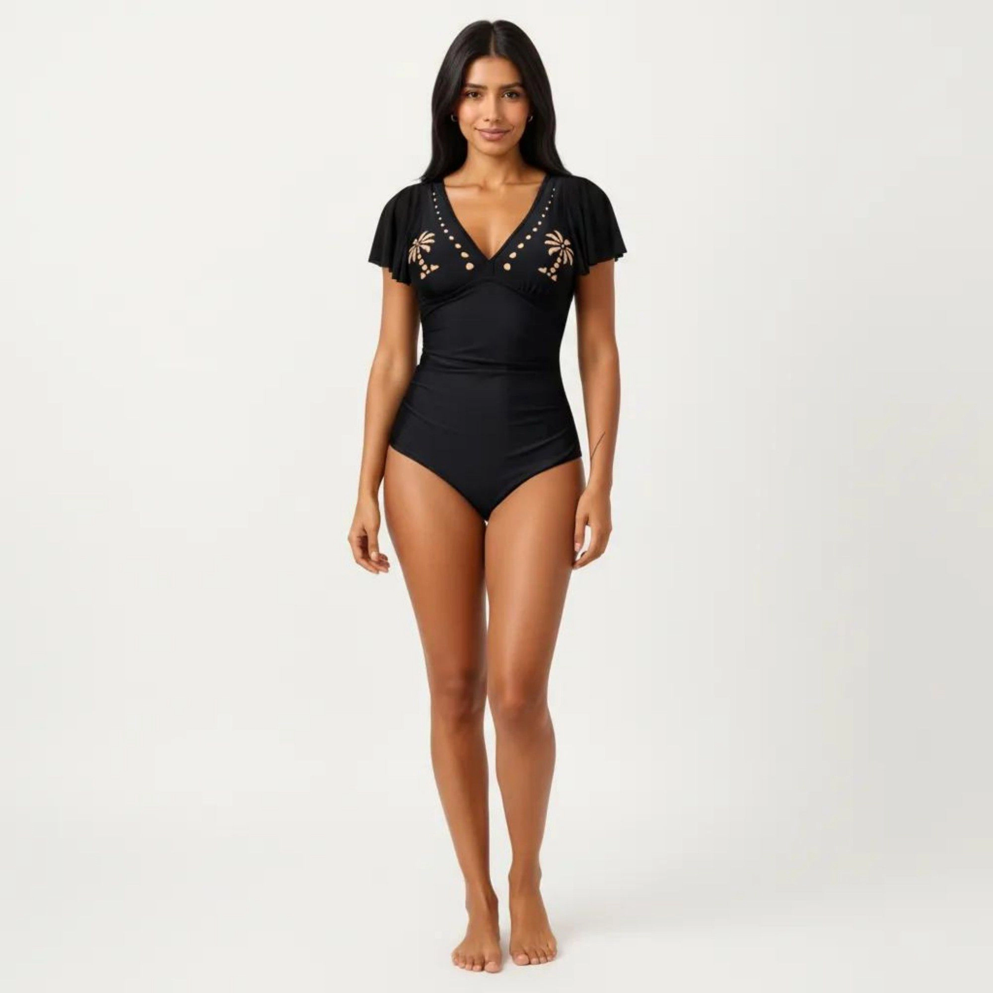 Anna-Kaci Women One Piece Swimsuit - Flutter Sleeves V-Neck with Bust Detail and Shaping Silhouette