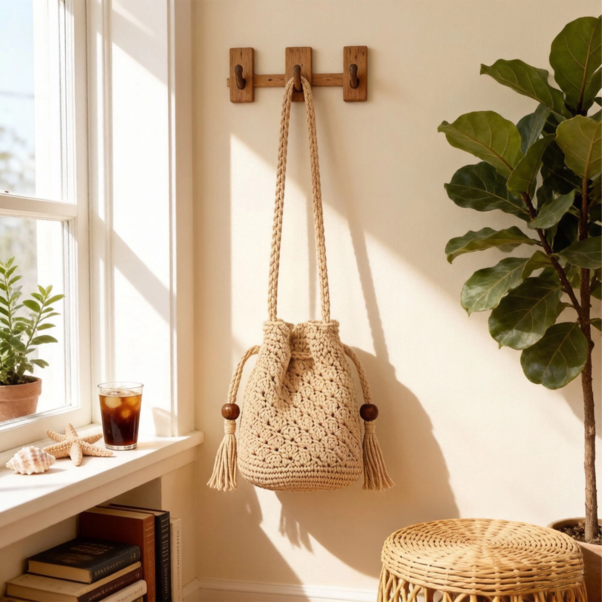 Alilang Women's Crochet Bucket Bag with Drawstring Closure Tassel Detail Long Strap Knit Crossbody Handbag