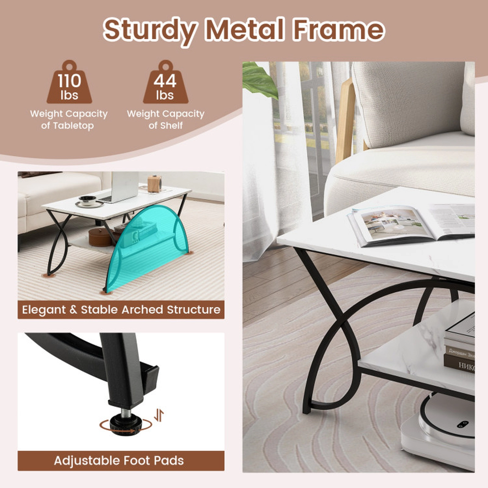 SUGIFT 39.5-in 110-lb Capacity 2-Tier Faux Marble Coffee Table with Arch Metal Frame and Bottom Shelf