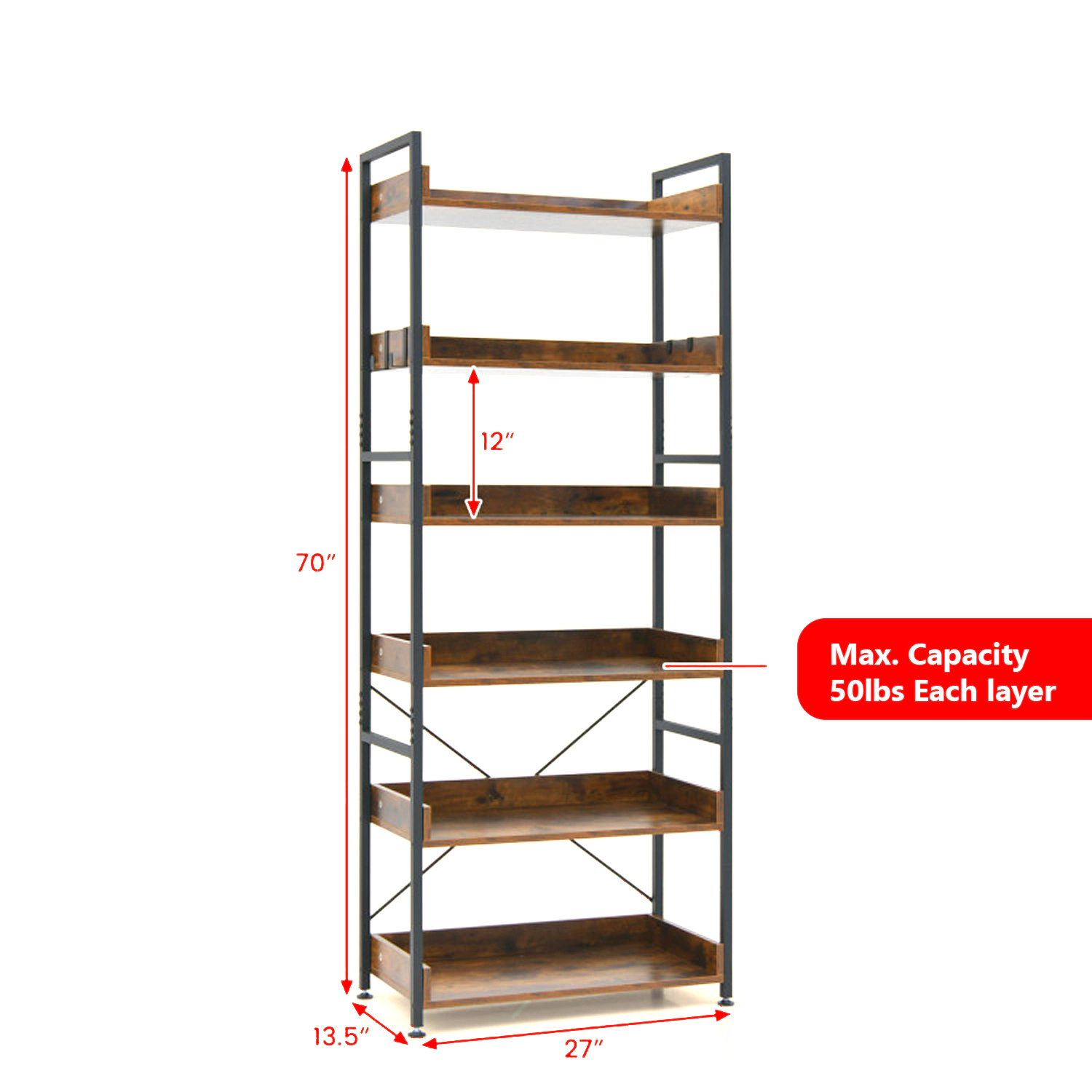 Hivvago Rustic Industrial 6-Tier Storage Bookcase with Open Display Shelving and Hooks