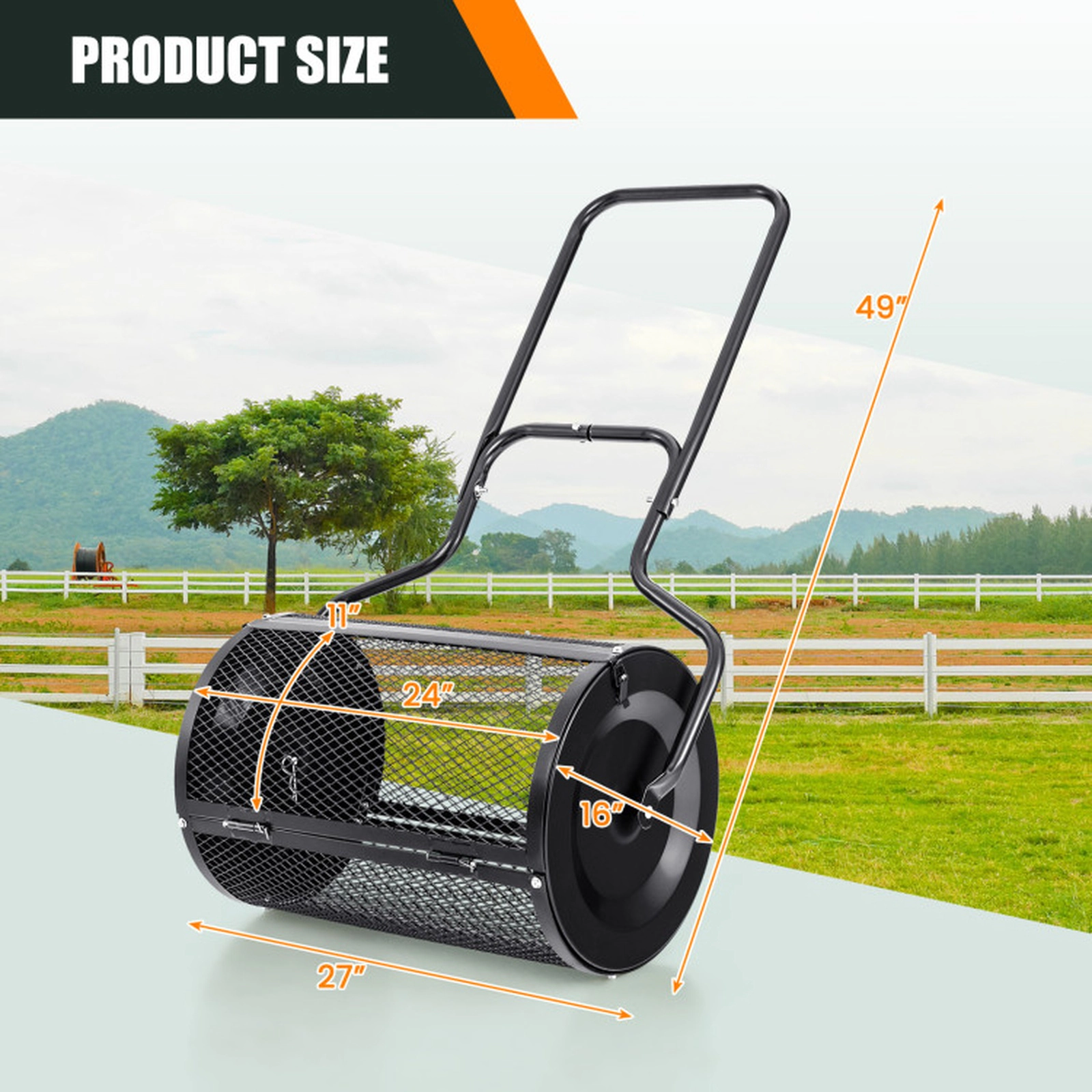SUGIFT 24-in Mesh Drum Peat Moss Spreader with Upgraded Side Latches and U-Shape Handle 2.7 cu.ft Capacity Green Black