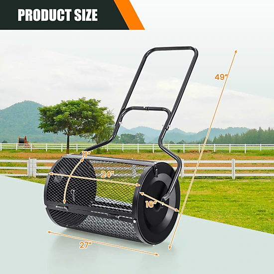 SUGIFT 24-in Mesh Drum Peat Moss Spreader with Upgraded Side Latches and U-Shape Handle 2.7 cu.ft Capacity Green Black