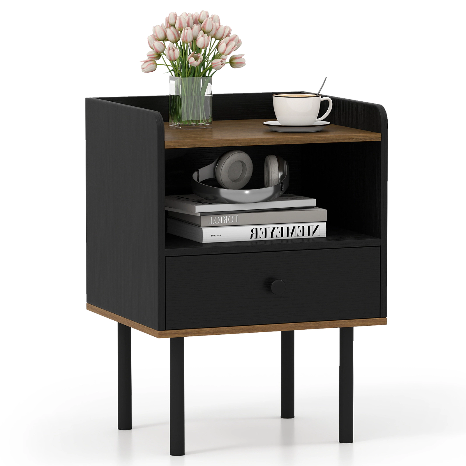 SUGIFT 3-Tier Nightstand with Drawer and Open Storage Shelf 66-lb Tabletop Capacity 16-in Wide Frame Black & Natural