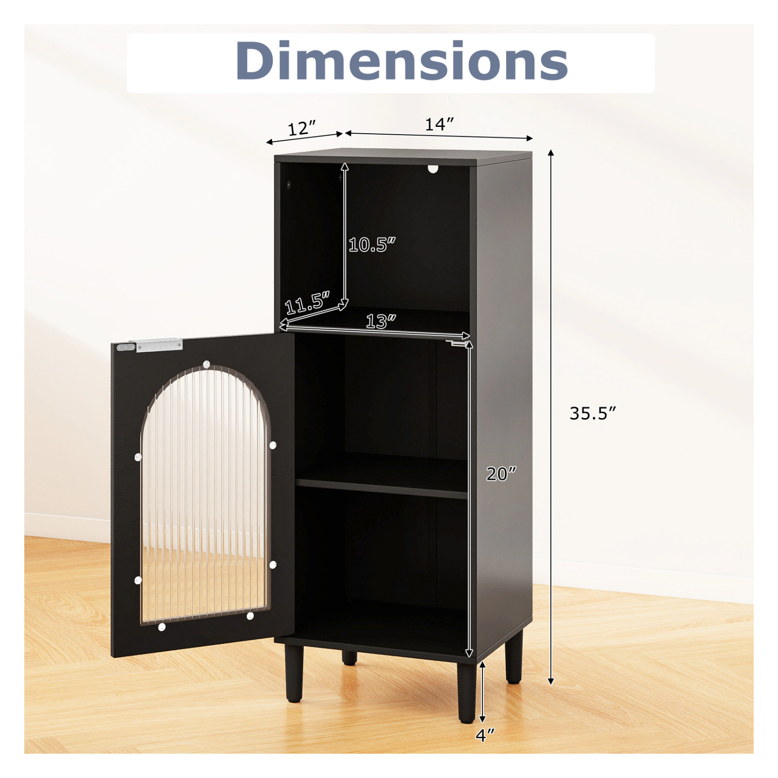 Glintex Bathroom Side Cabinet with Wavy Tempered Glass Door and Solid Wood Legs