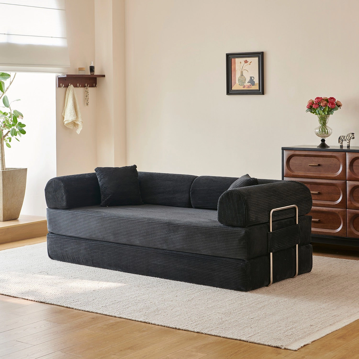 GBruno 3-Seat Convertible Corduroy Floor Sofa Bed