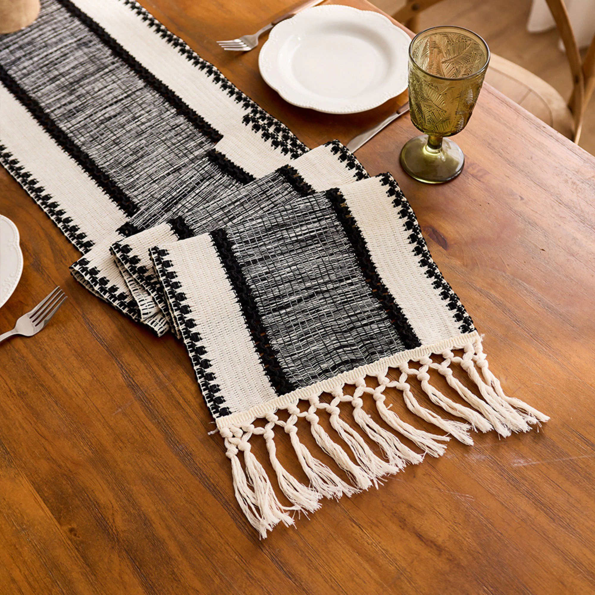 Alilang Unisex Textured Woven Table Runner with Fringe Edges and Bohemian Stripe Pattern 47x11.8