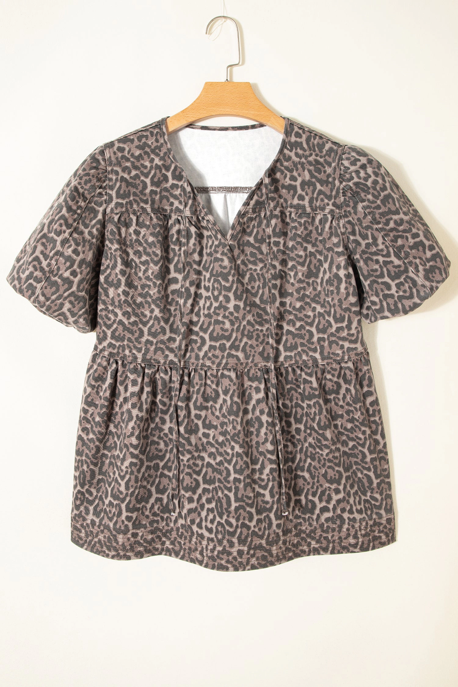 Threaded Pear Womens Stephanie Puff Sleeve Babydoll Top - Leopard Print, V-Neck Tie, Tiered Hem
